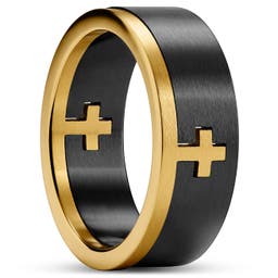Unity | Черно-златист стоманен пръстен с кръст 8 мм