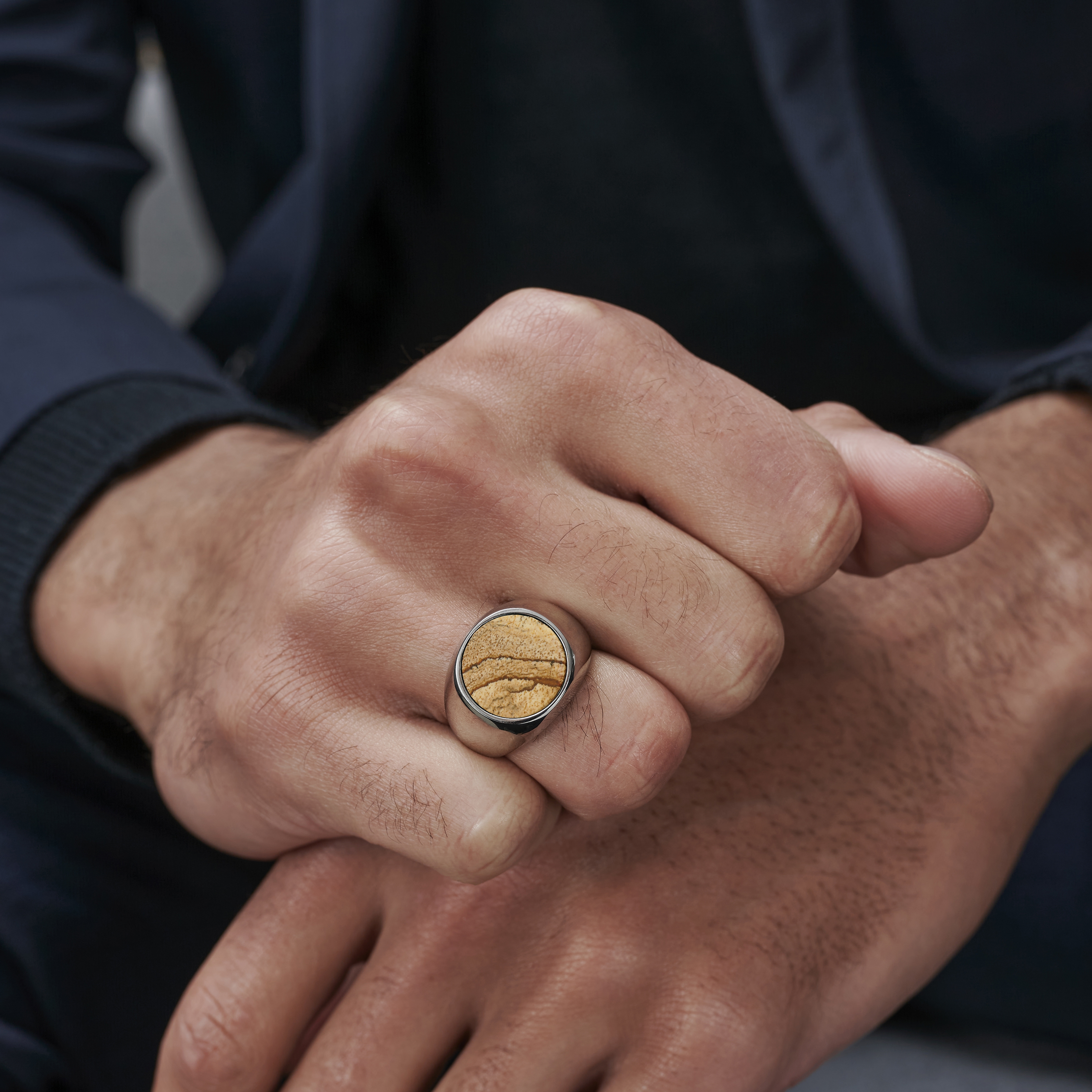 Makt | Silver-Tone Stainless Steel With Madagascar Stone Signet Ring - 5