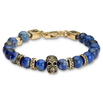 Rico | Bracelet en lapis-lazuli avec tête de mort en acier inoxydable couleur or