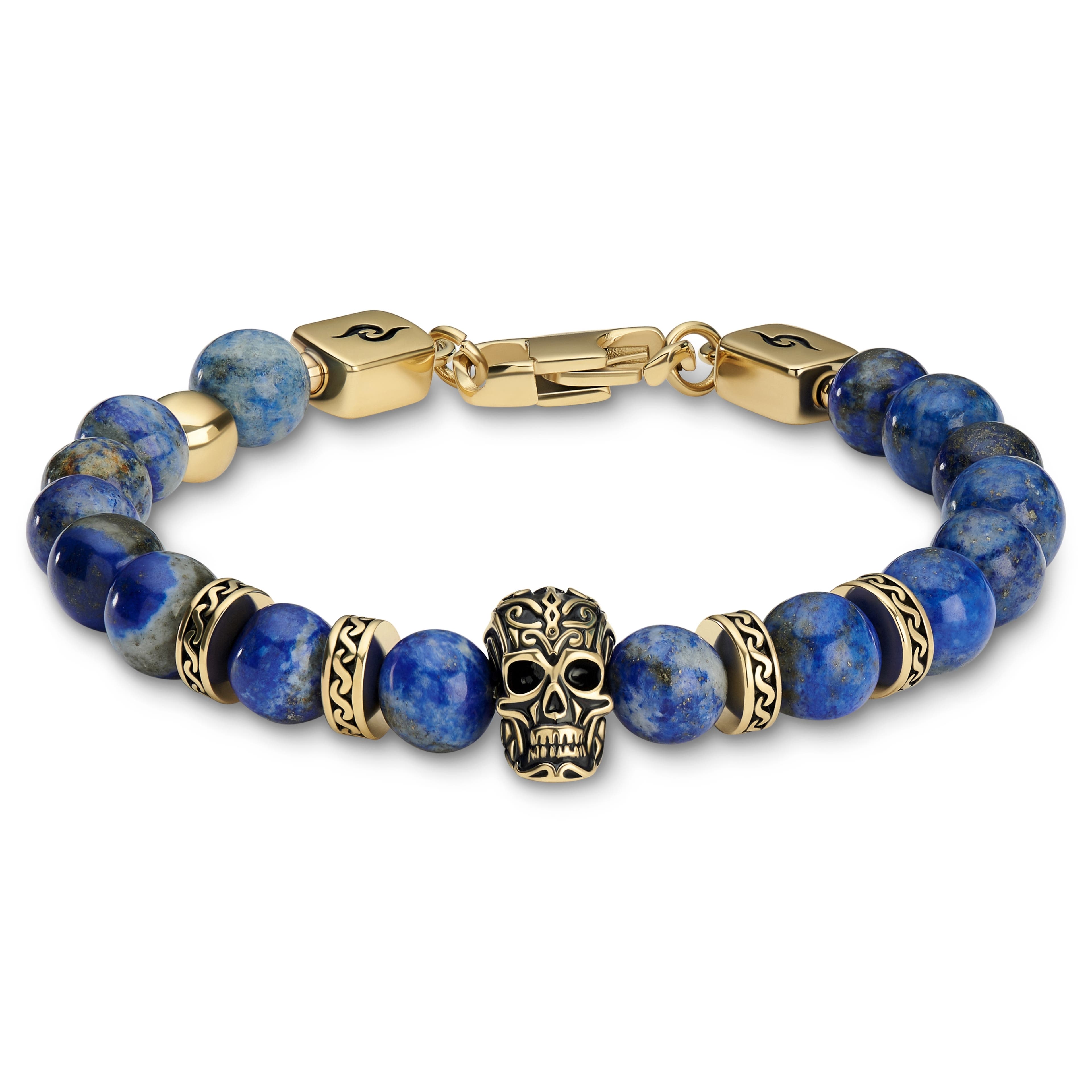 Rico | Bracelet en lapis-lazuli avec tête de mort en acier inoxydable couleur or