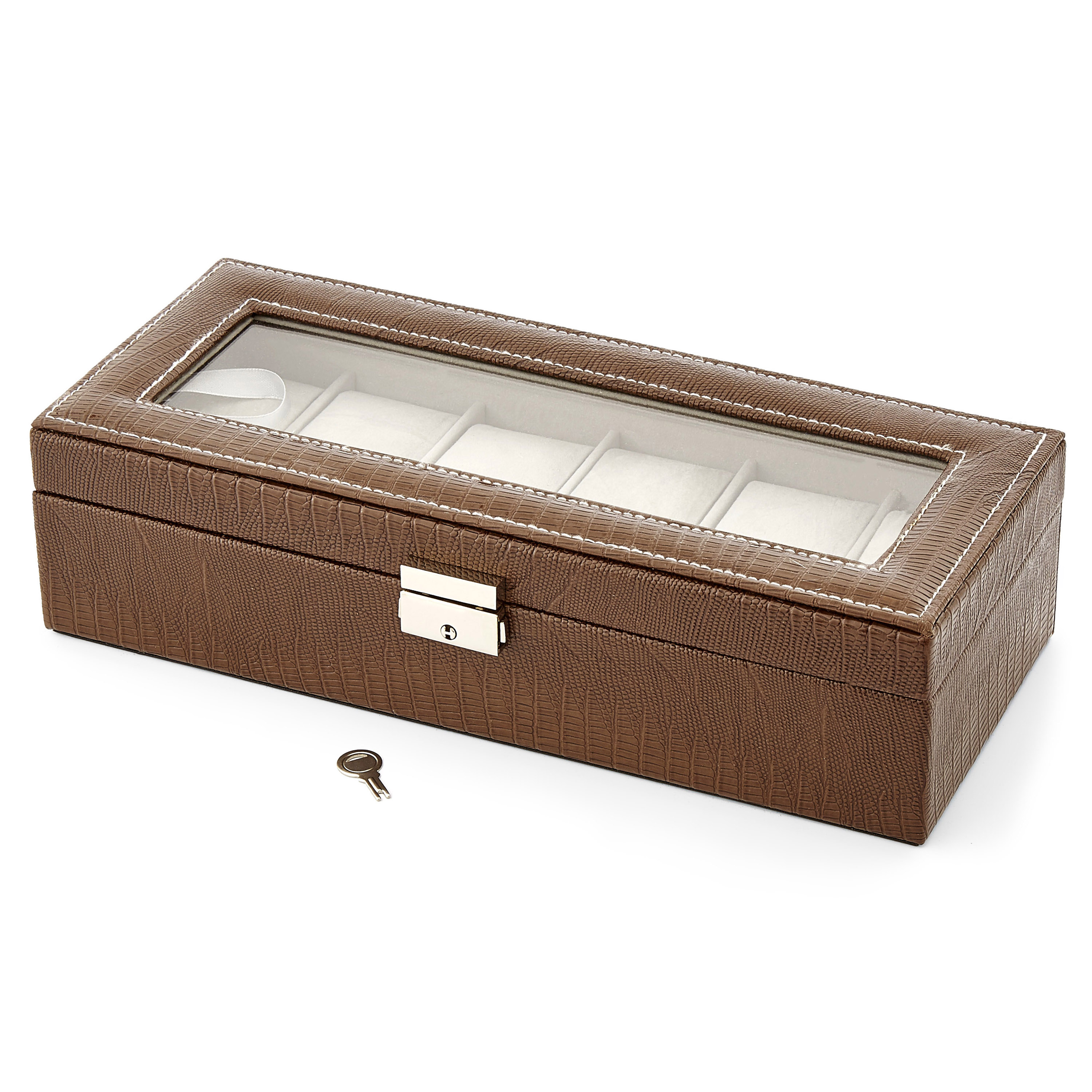 Kaffeefarbene Kunstleder Uhrenbox In Schlangenleder Optik - 6 Uhren - 3