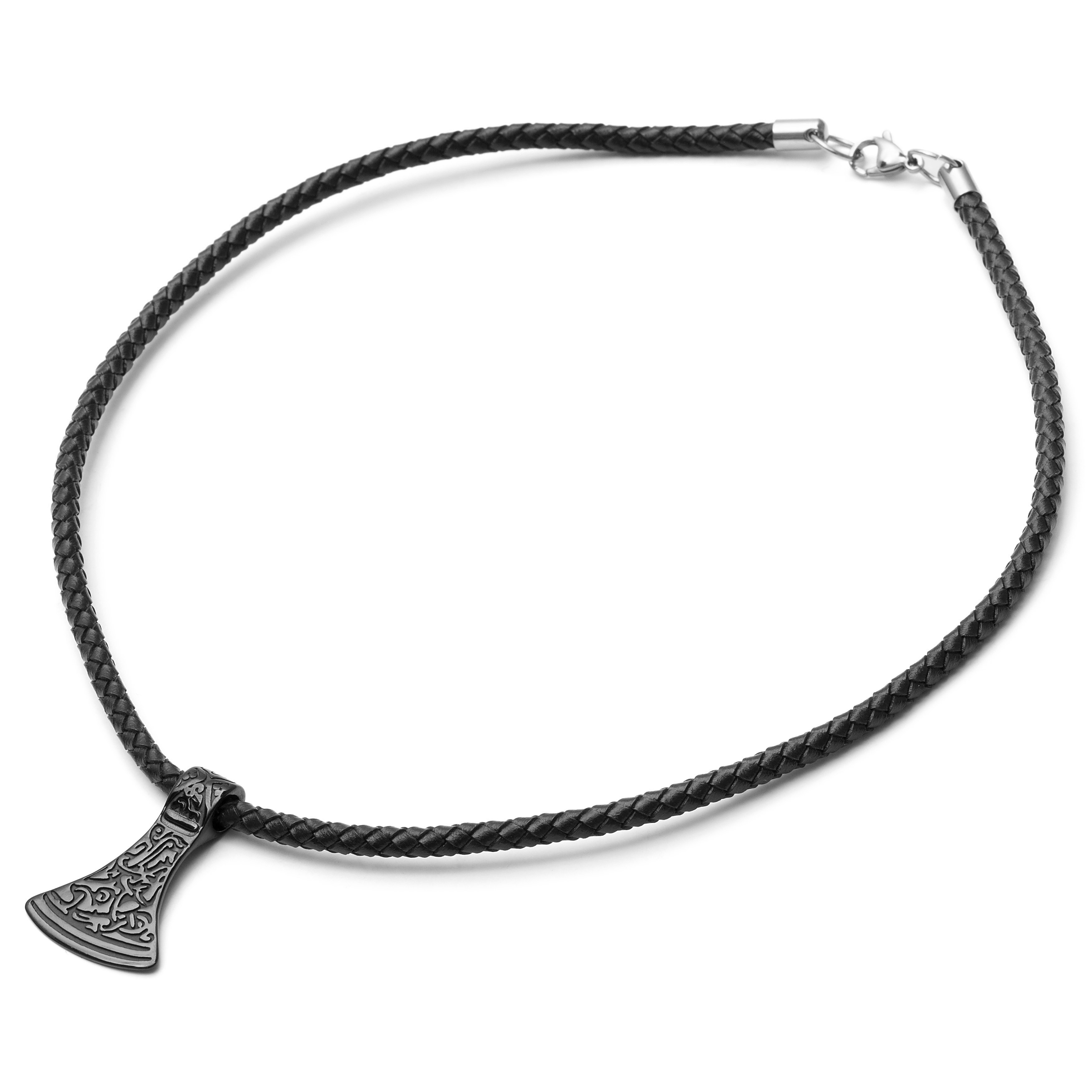 Zwarte Leren Runenketting met Thors Bijl - 7
