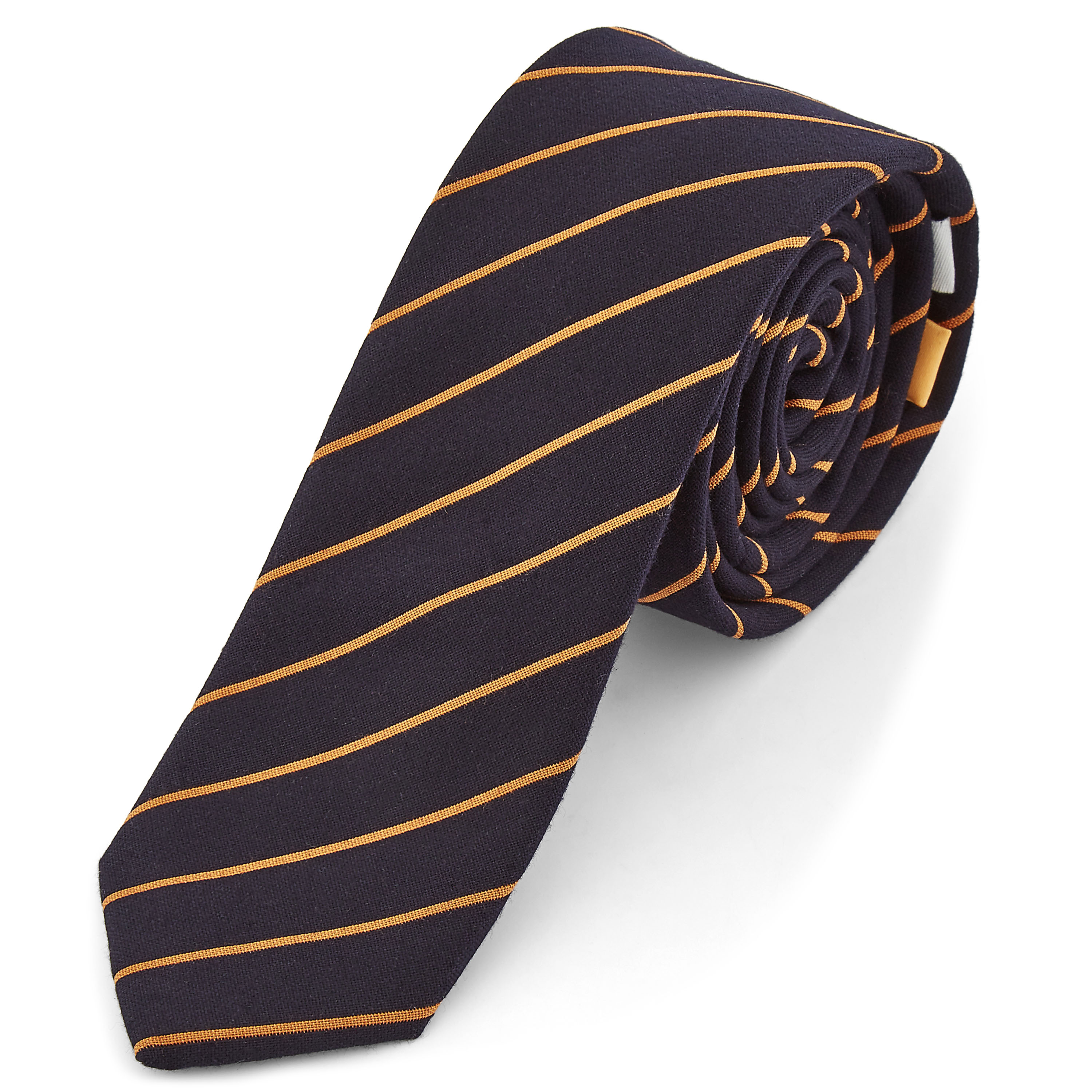 Dark Blue & Orange Diagonal Striped Cotton Necktie - 1