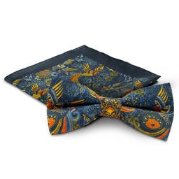 Blue Silk Pre-Tied Bow Tie and Pocket Square Set
