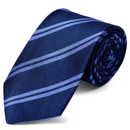 Corbata de 8 cm de seda azul marino con rayas dobles en azul pastel