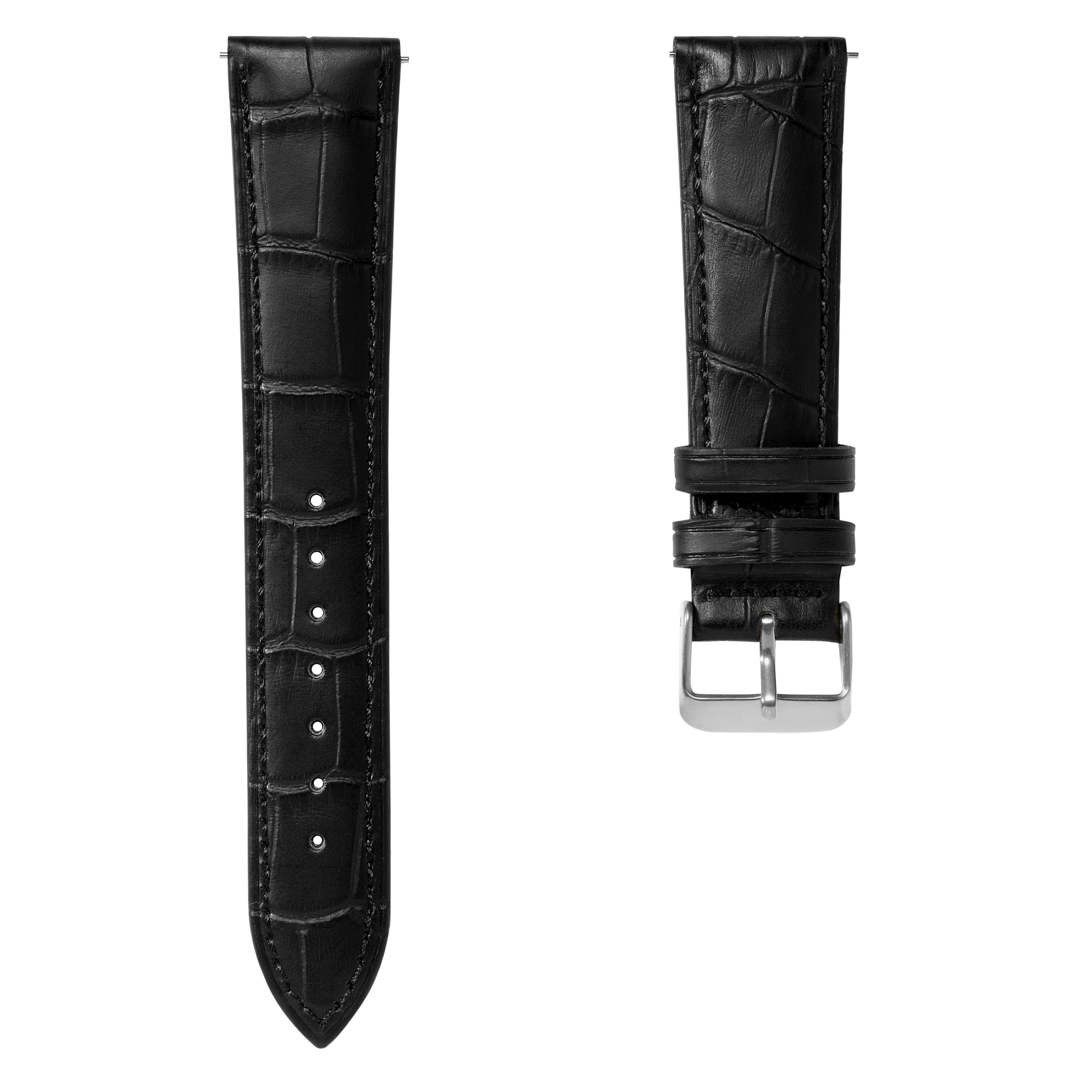 Черна кожена каишка с крокодилски шарки, сребриста катарама и пружинни щифтове 20 мм
