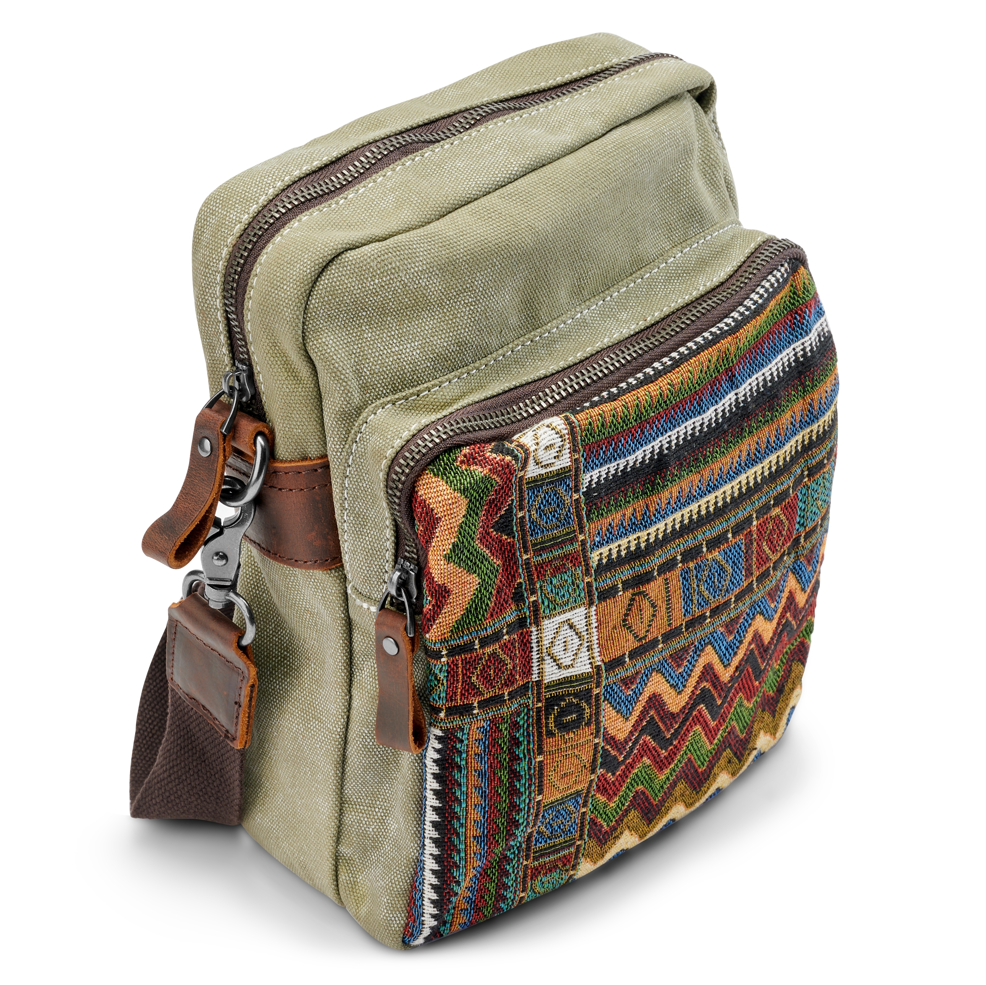 Borsa a tracolla in tela bohemienne verde militare retrò - 4