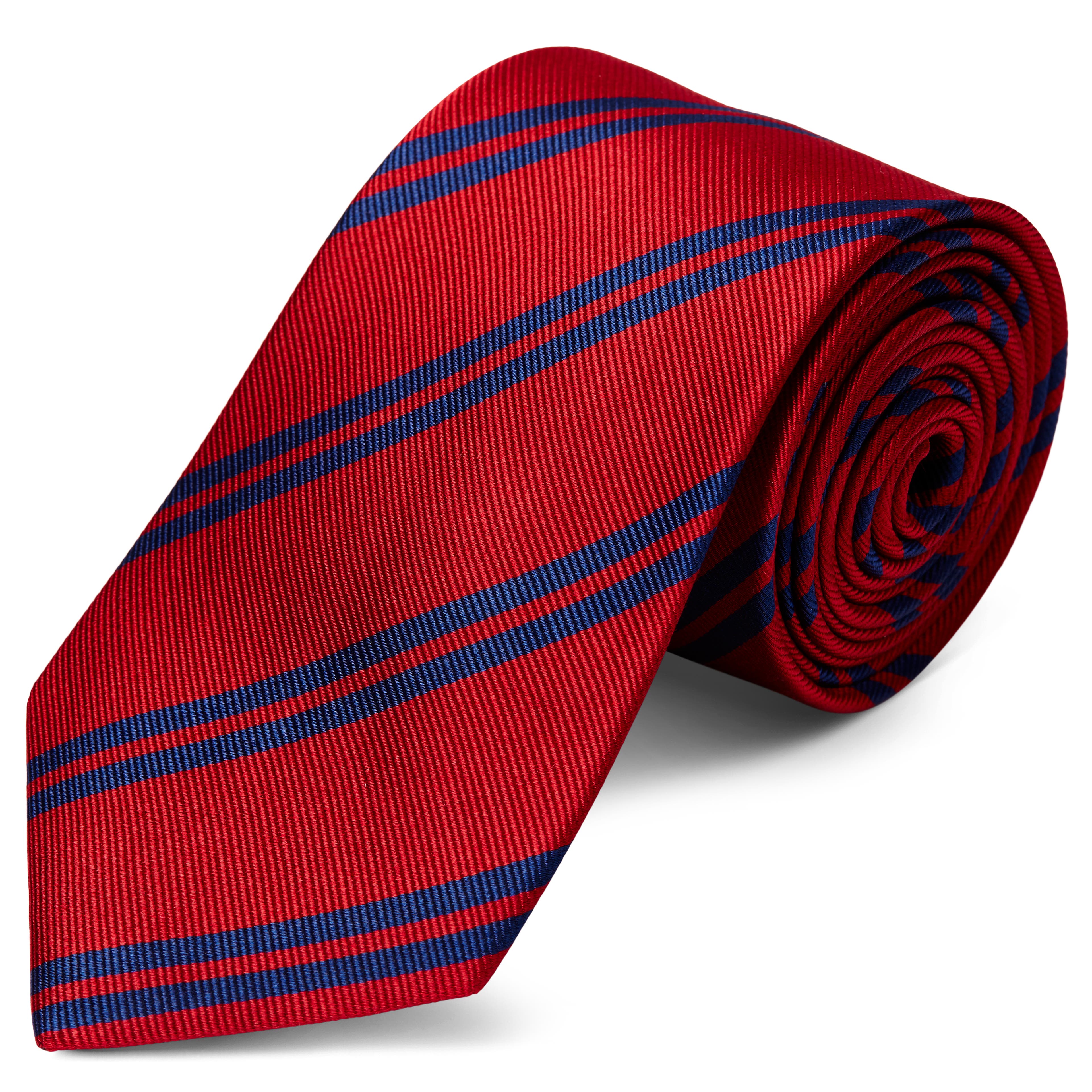 Czerwony krawat jedwabny w podwójne ciemnogranatowe paski 8 cm