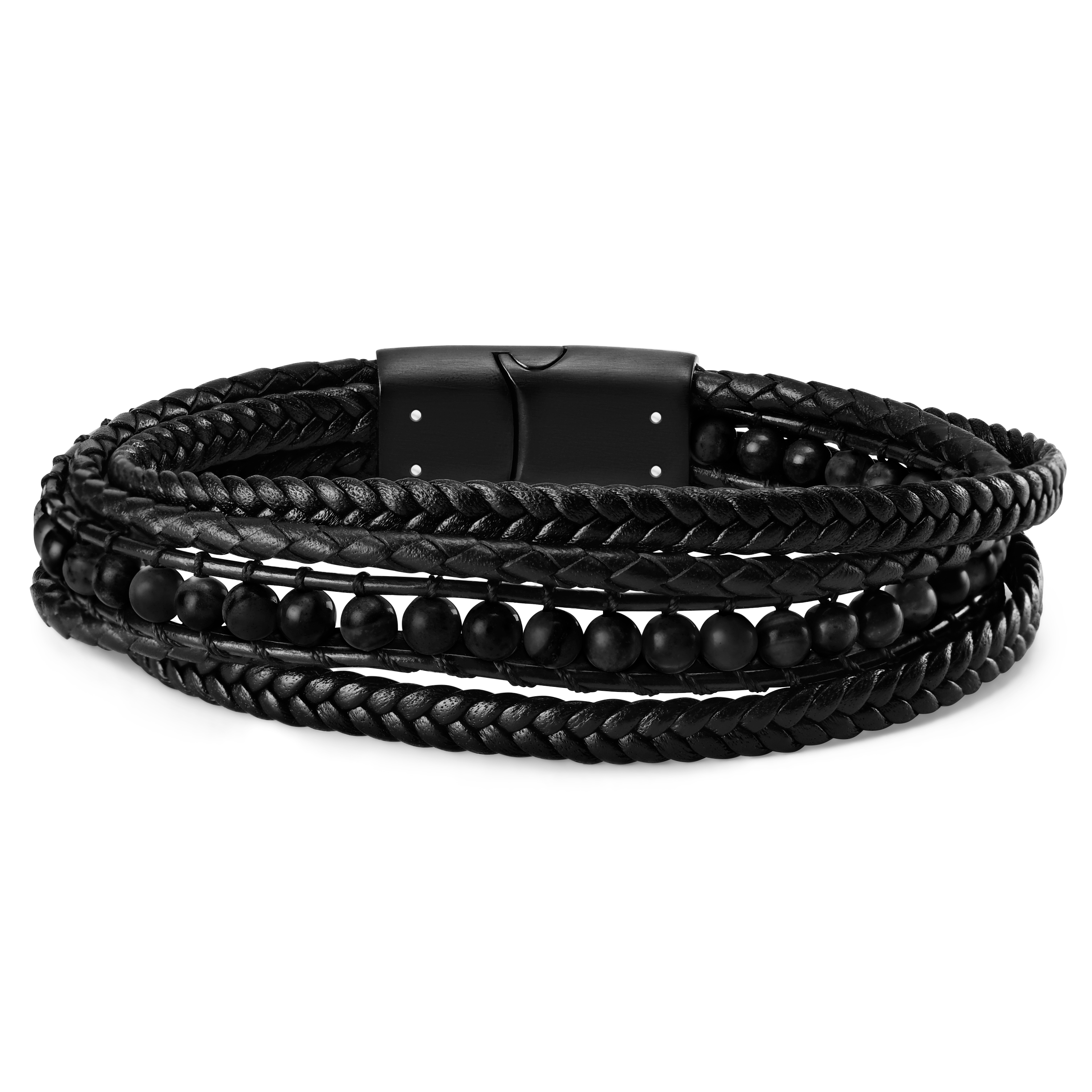 Naxos Frosted Black Agate Leather Bracelet - 5