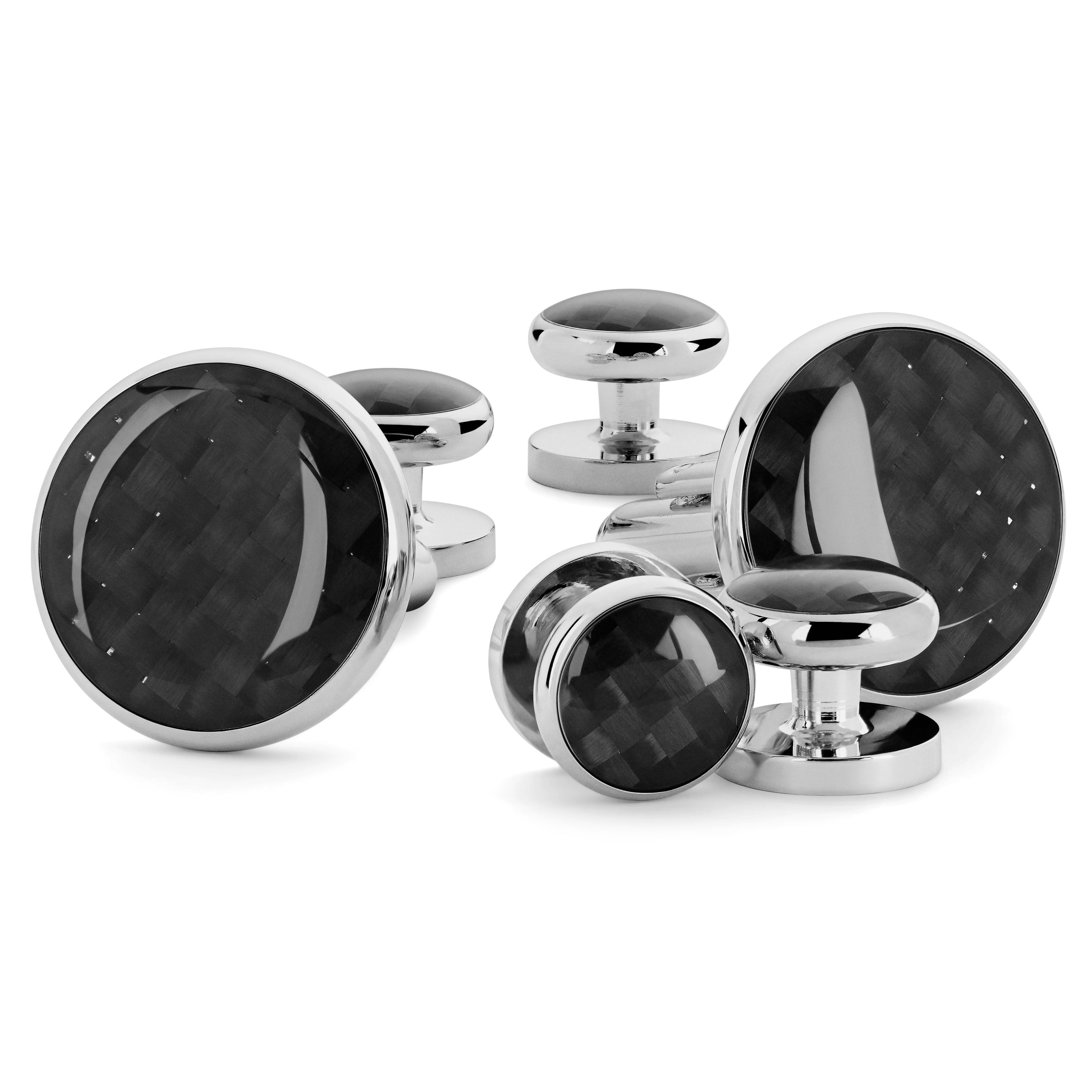 Meraklis | Комплект сребристи бутонели и копчета с карбонови нишки