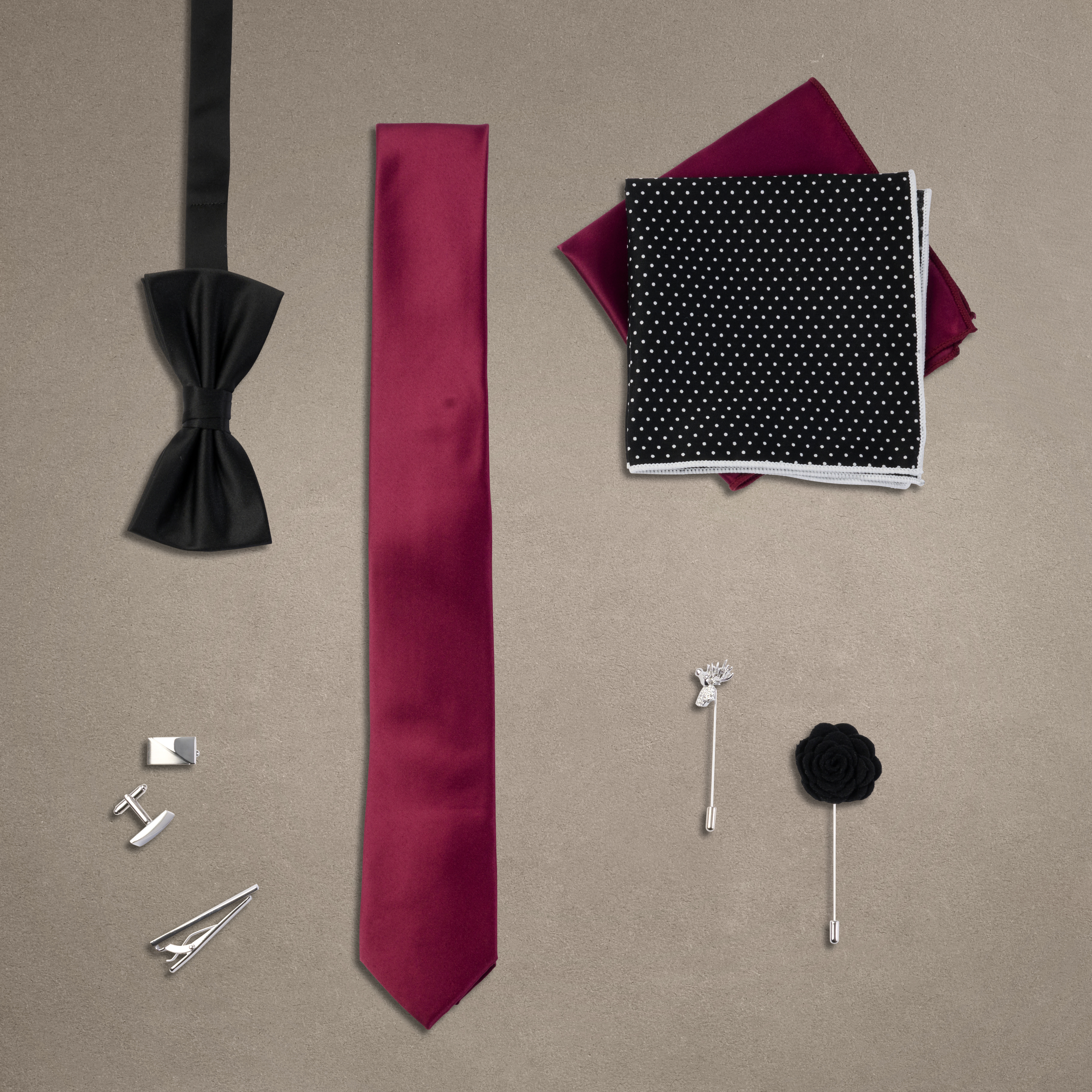 Anzug Accessoire Geschenkbox | Set in den Farben Schwarz, Burgunderrot und Silber - 2