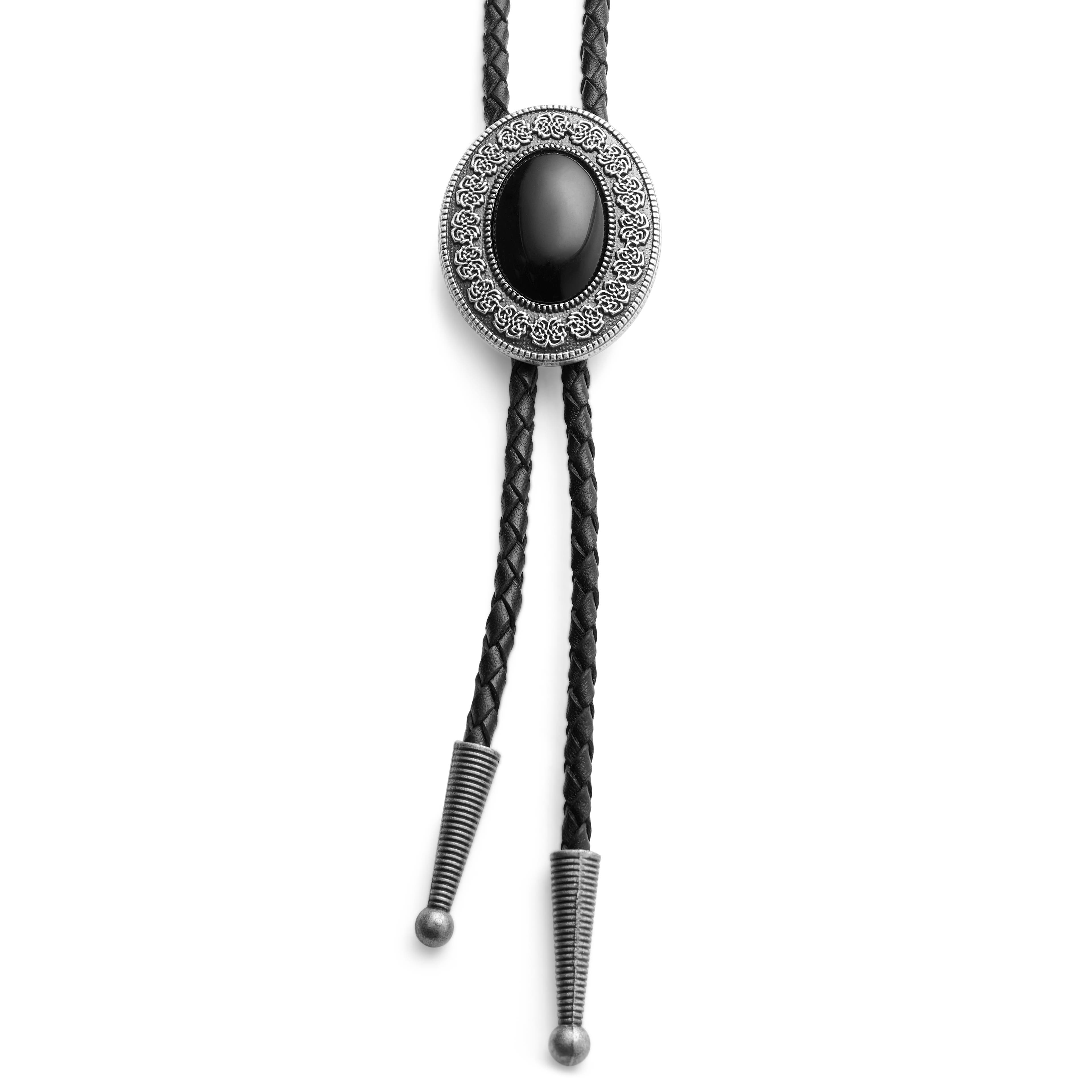 Obsidian Stone Adjustable Braided Leather Bolo Tie