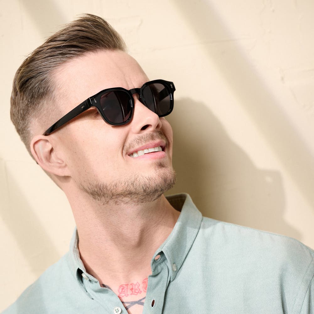 hover: Black Geometric Horn Rimmed Sunglasses hover: Black Geometric Horn Rimmed Sunglasses