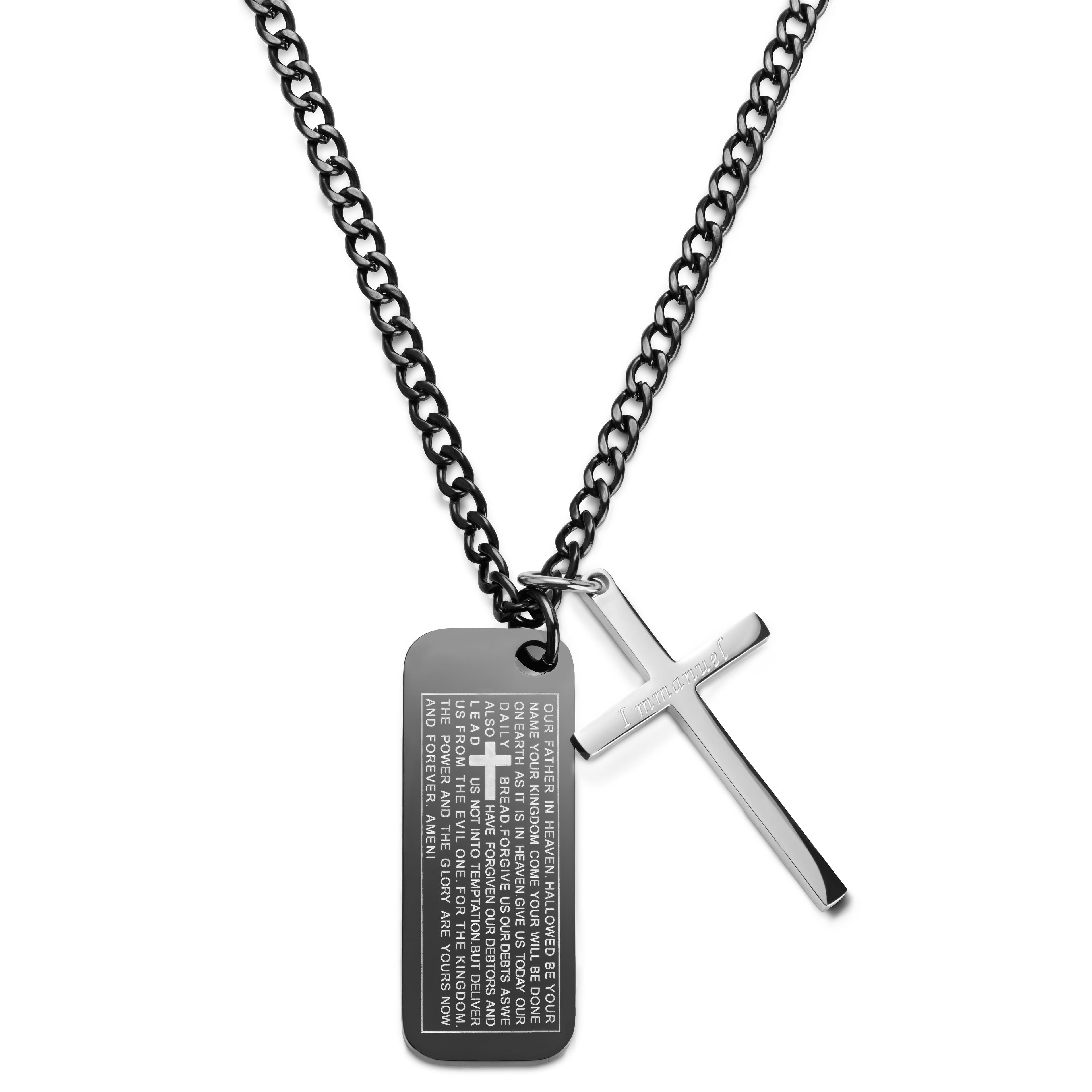 Icarus Rowan Steel Cross & Black Dog Tag Necklace