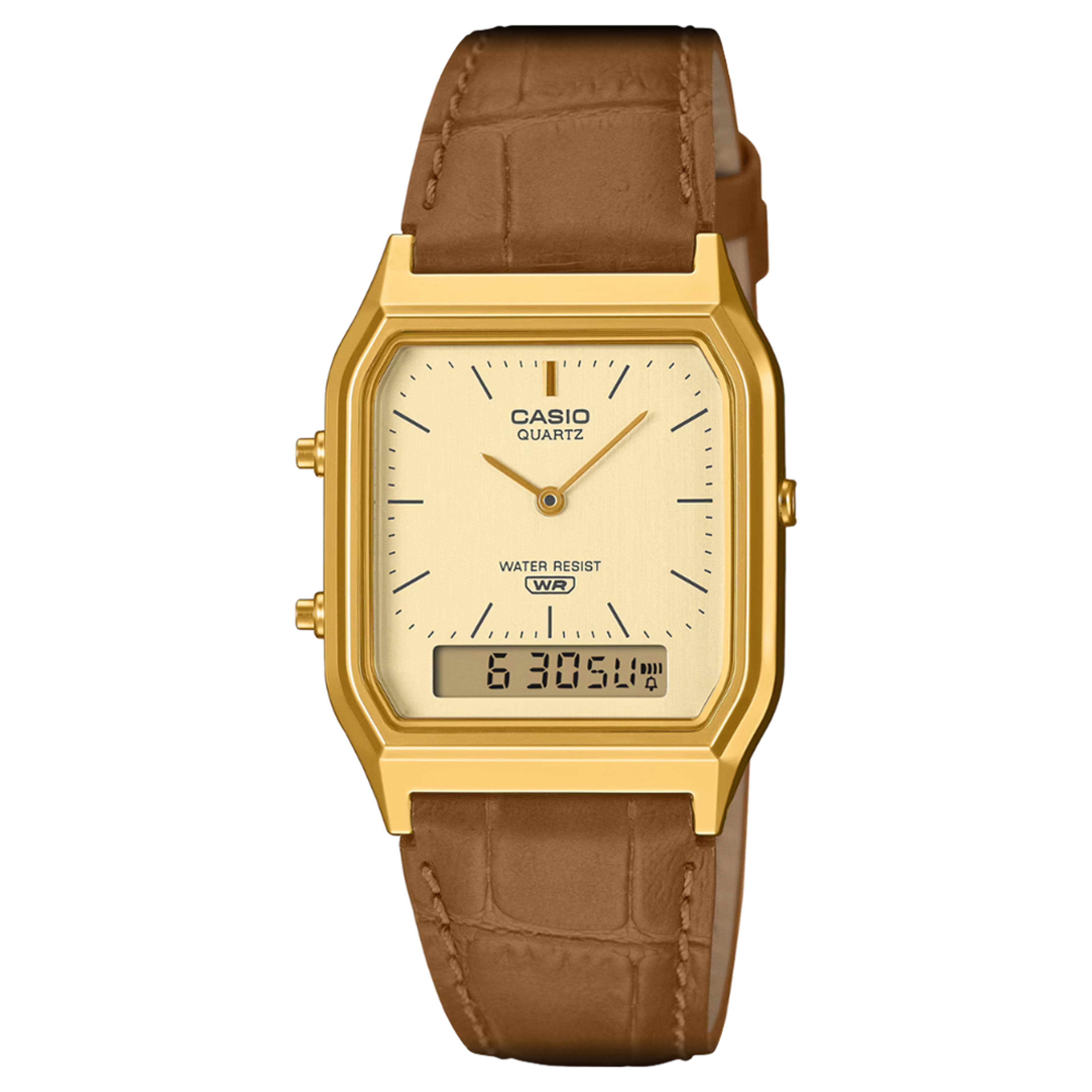 Casio Vintage AQ-230EGL-9AEF živicové Ana-Digi hodinky v zlatej farbe s koženým remienkom
- 1