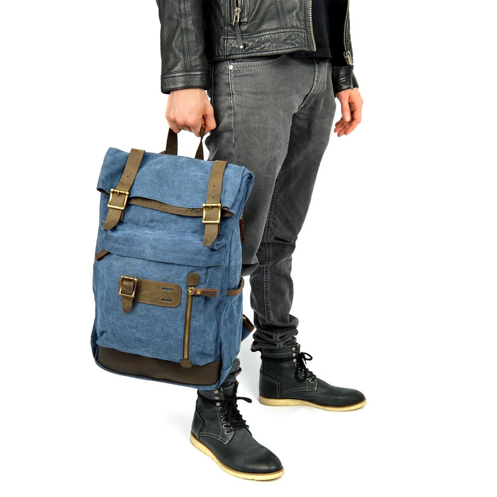 hover: Rugged Vintage-Style Blue Canvas & Leather Backpack hover: Rugged Vintage-Style Blue Canvas & Leather Backpack