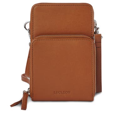 Cognac Leather Mobile Phone Bag With Wallet Pocket Cognac Leather Mobile Phone Bag With Wallet Pocket