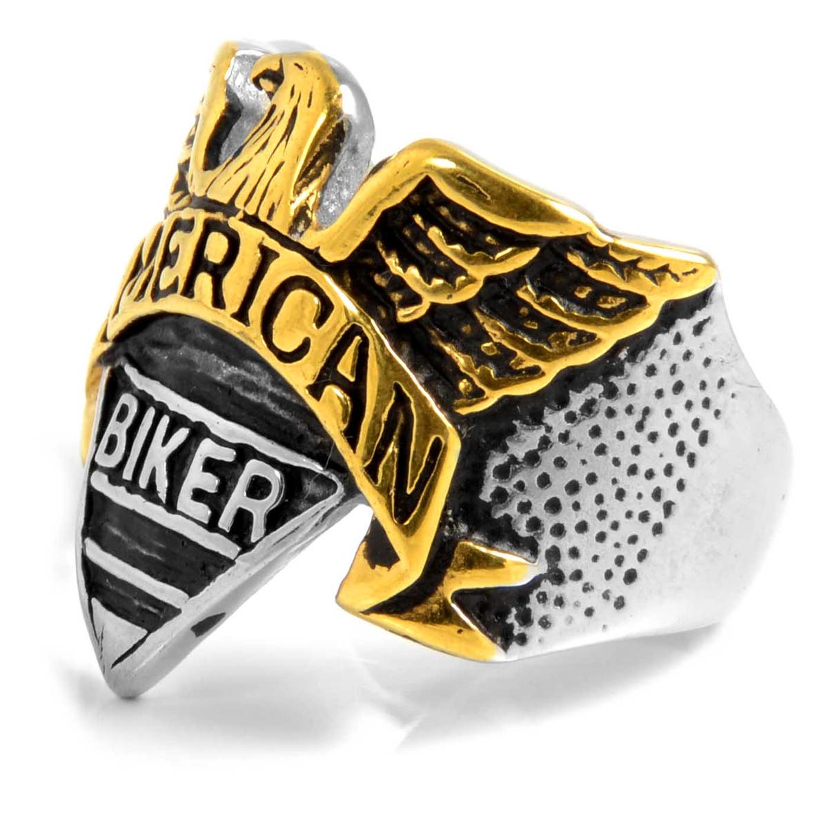 Anello American Biker con aquila dorata in acciaio Disponibile