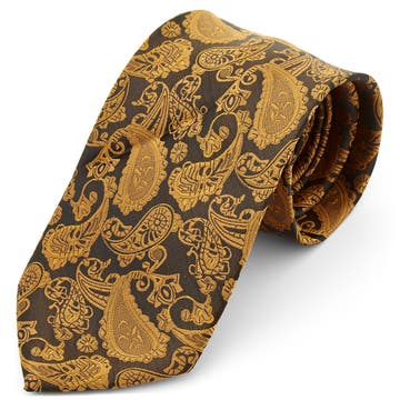 Cravată lată din poliester cu model Paisley auriu și maro