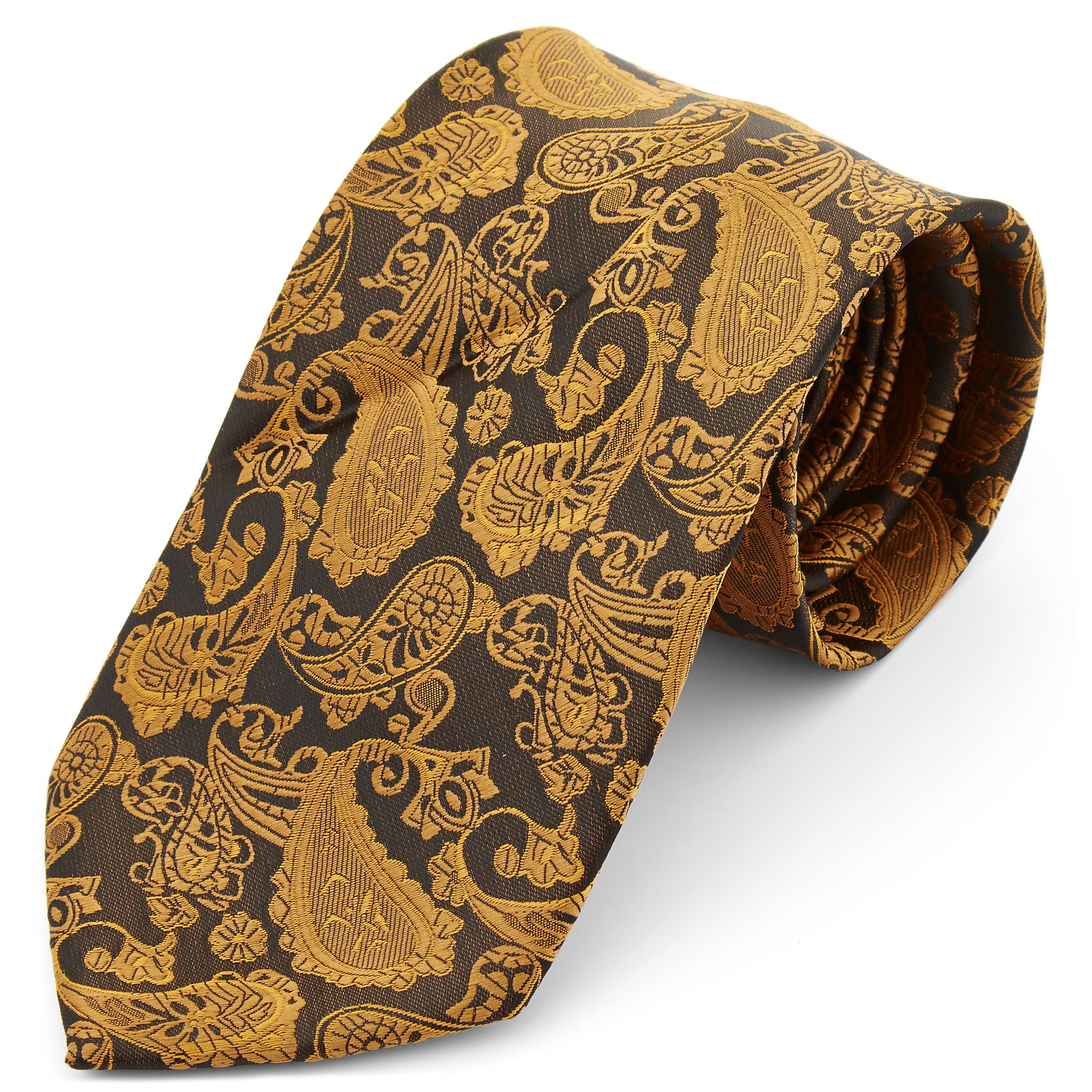 Szeroki złoto-brązowy krawat z poliestru we wzór paisley