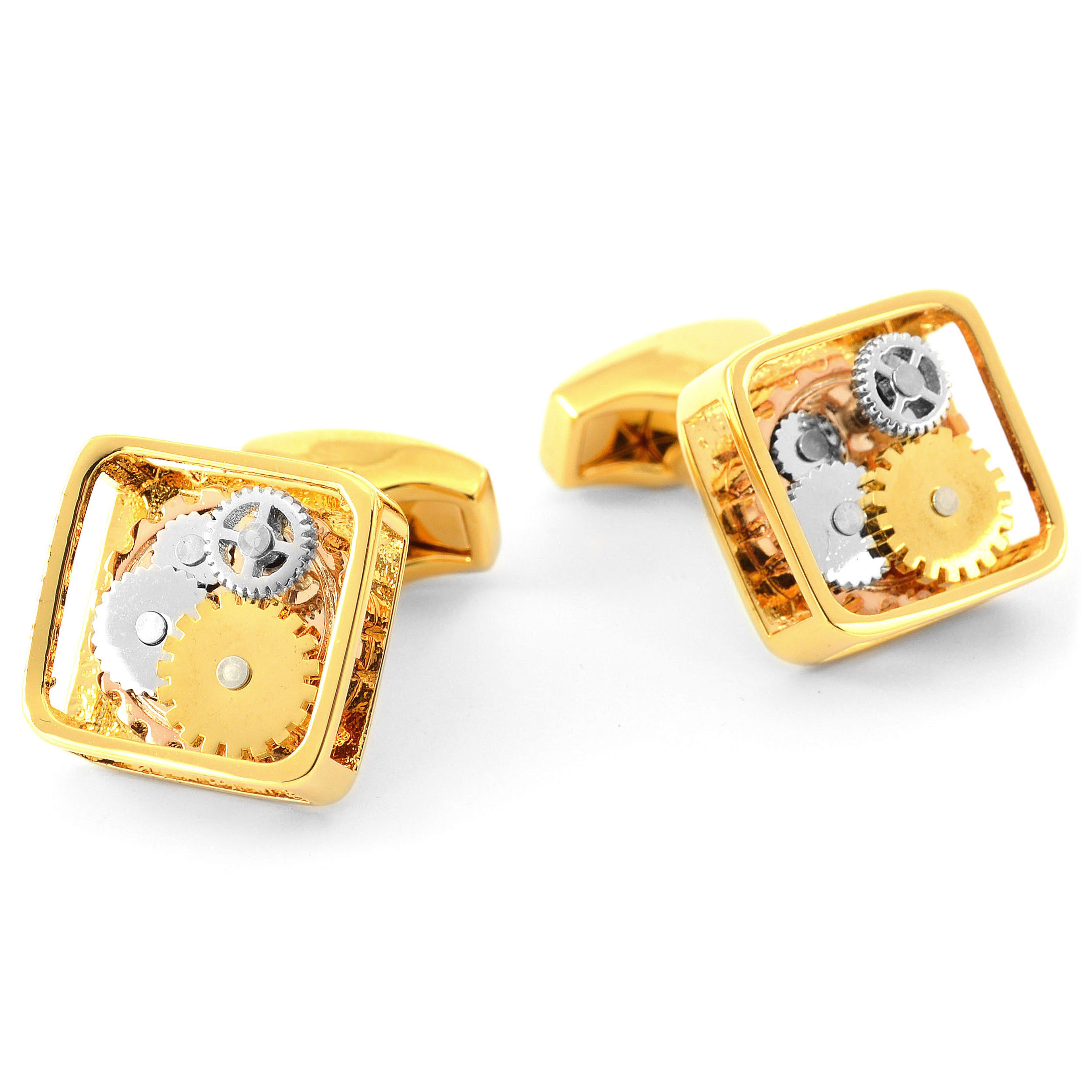 Square Gold-Tone Watch Movement Stainless Steel Cufflinks
