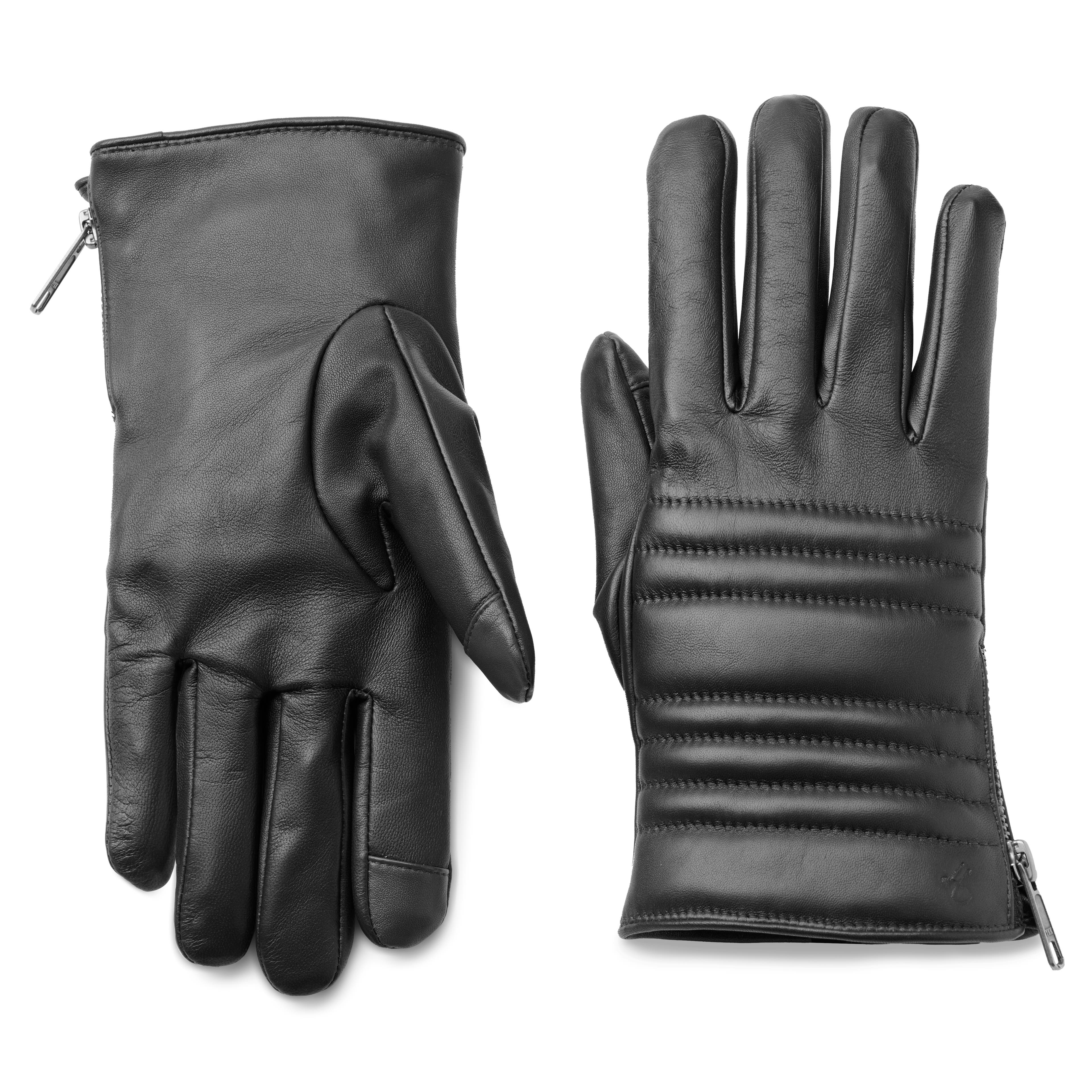 Black Touchscreen Ribbed Leather Gloves