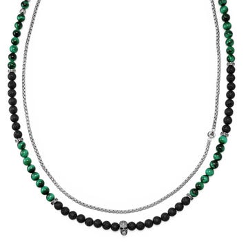 Rico | Silver-Tone Stainless Steel With Lava Rock & Green Tiger's Eye Necklace Set
