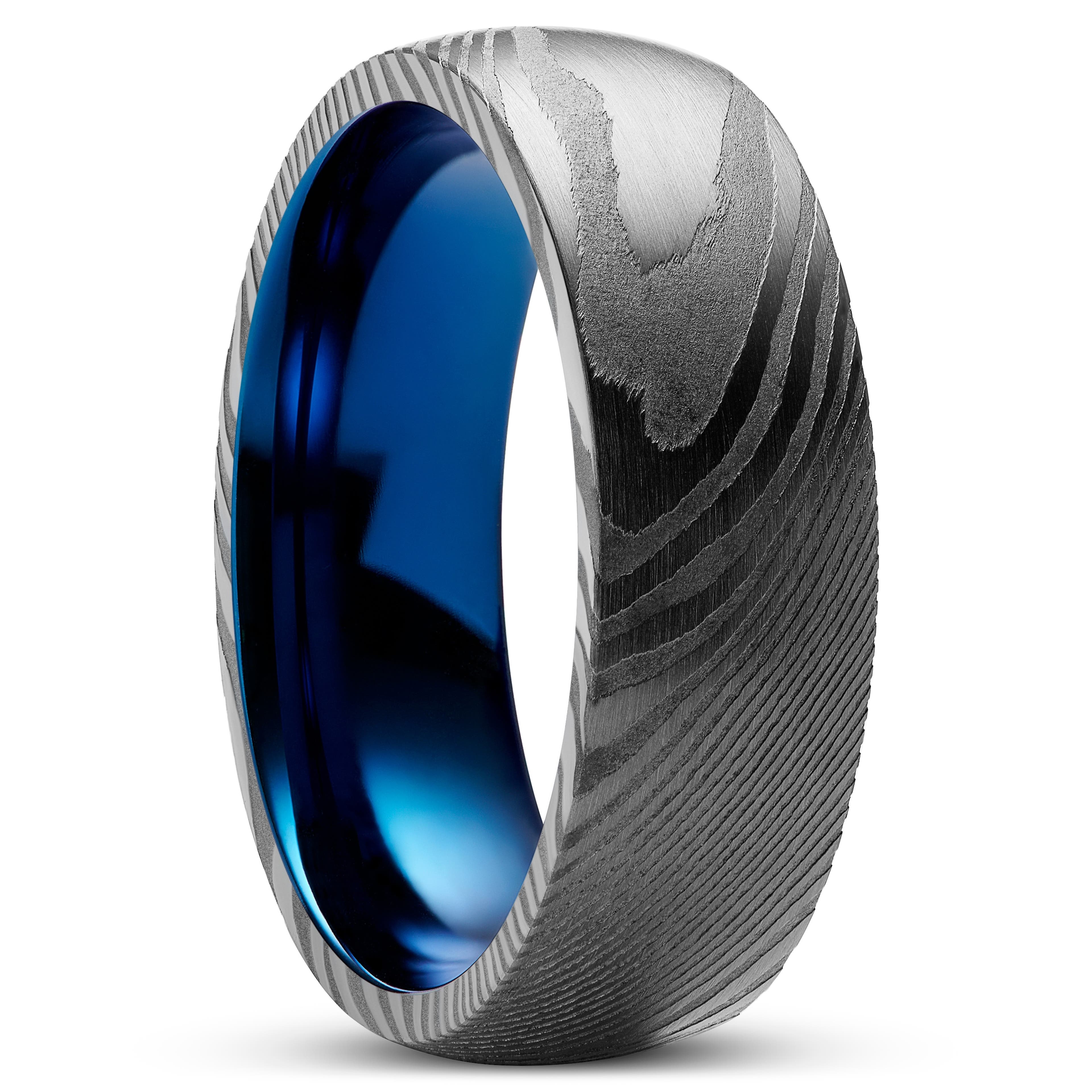 Fortis | 7 mm Gunmetal Damascus Steel With Blue Titanium Inlay Ring