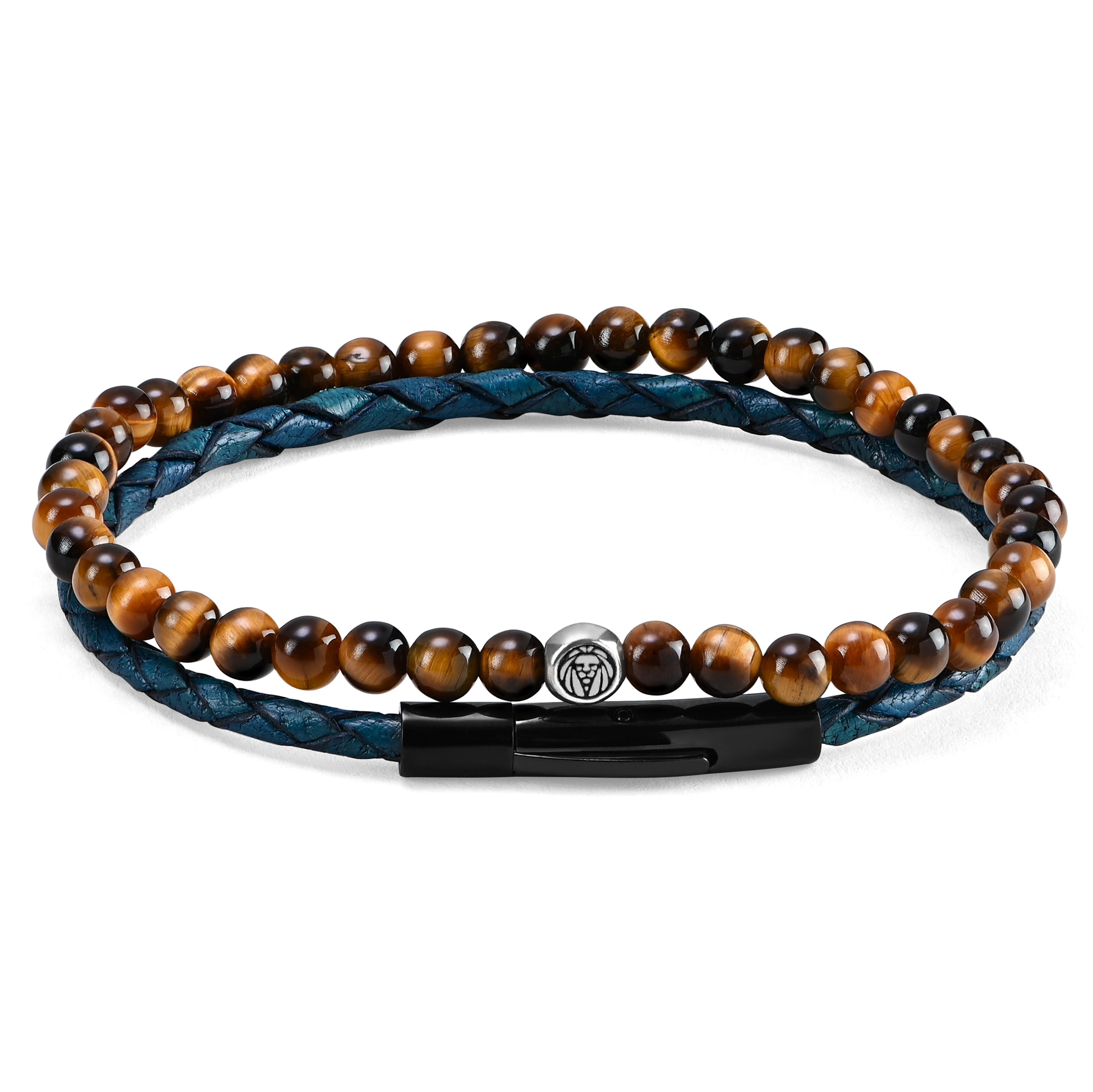 Blue Leather & Tiger's Eye Bracelet Set