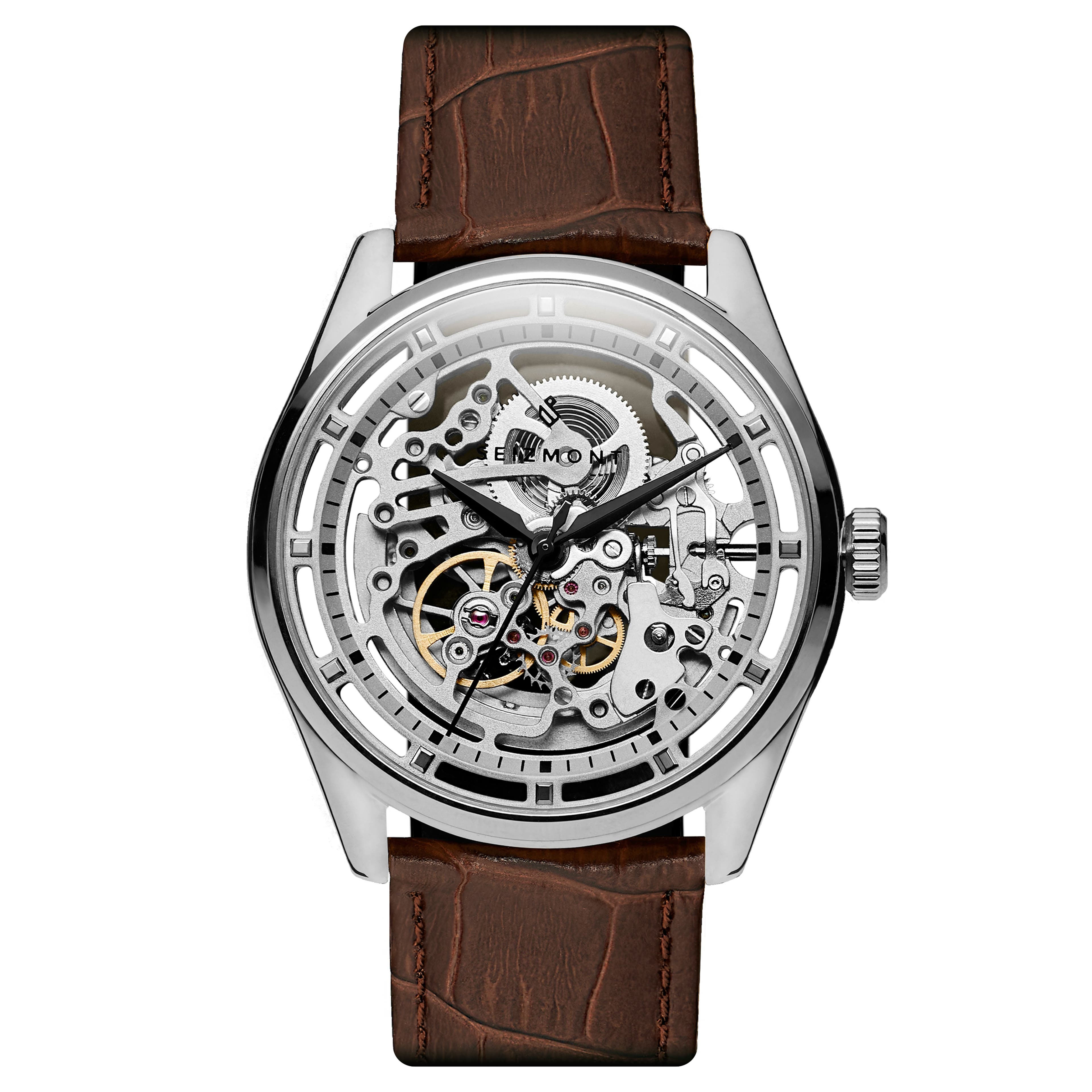 Motus | Silver-Tone Automatic Skeleton Watch With Chocolate Brown Leather Strap