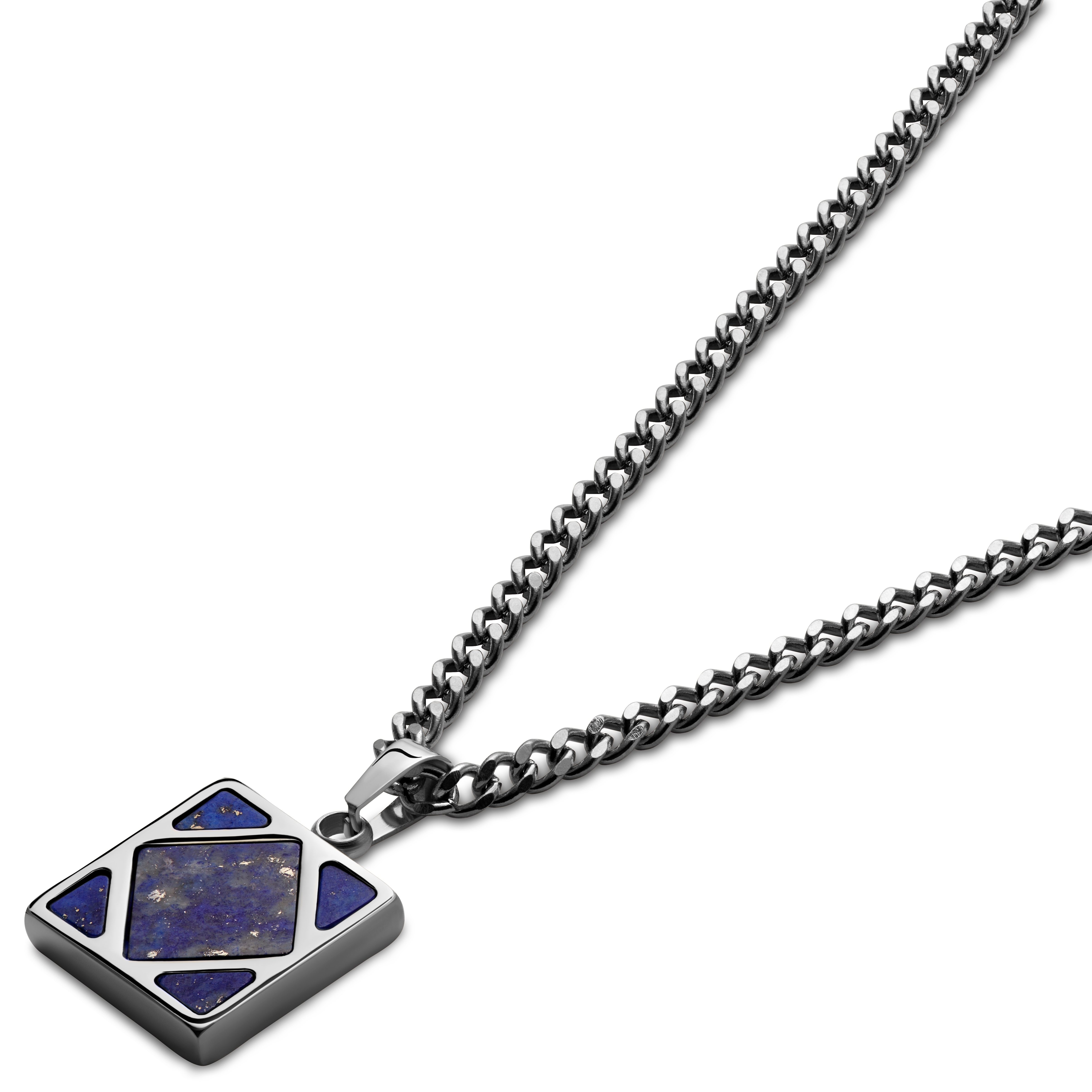 Cruz | Square Silver-Tone Stainless Steel & Lapis Lazuli Necklace - 2