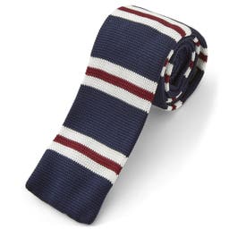 Navy Blue, Red & White Striped Polyester Knitted Tie