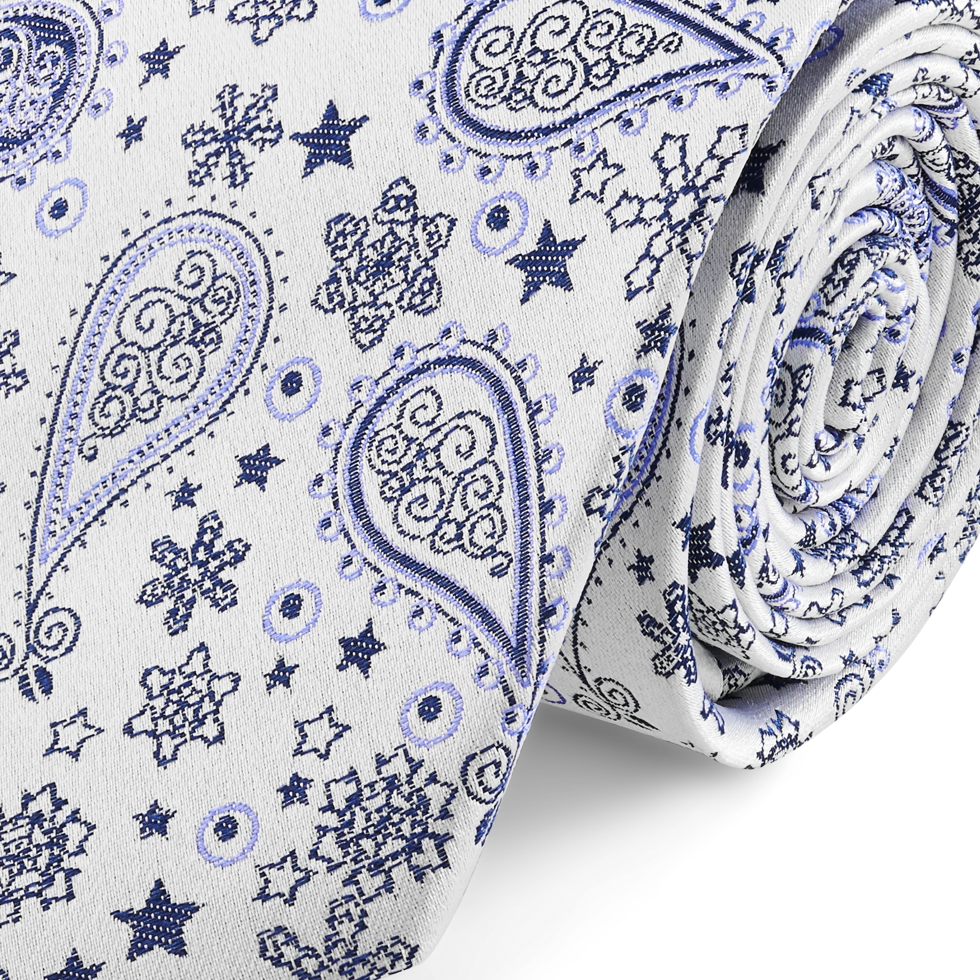 Cravate en soie à motif cachemire blanc et bleu | 8 cm - 2