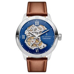 Dante II | Silver-tone and Blue Stainless Steel Skeleton Watch with Leather Straps