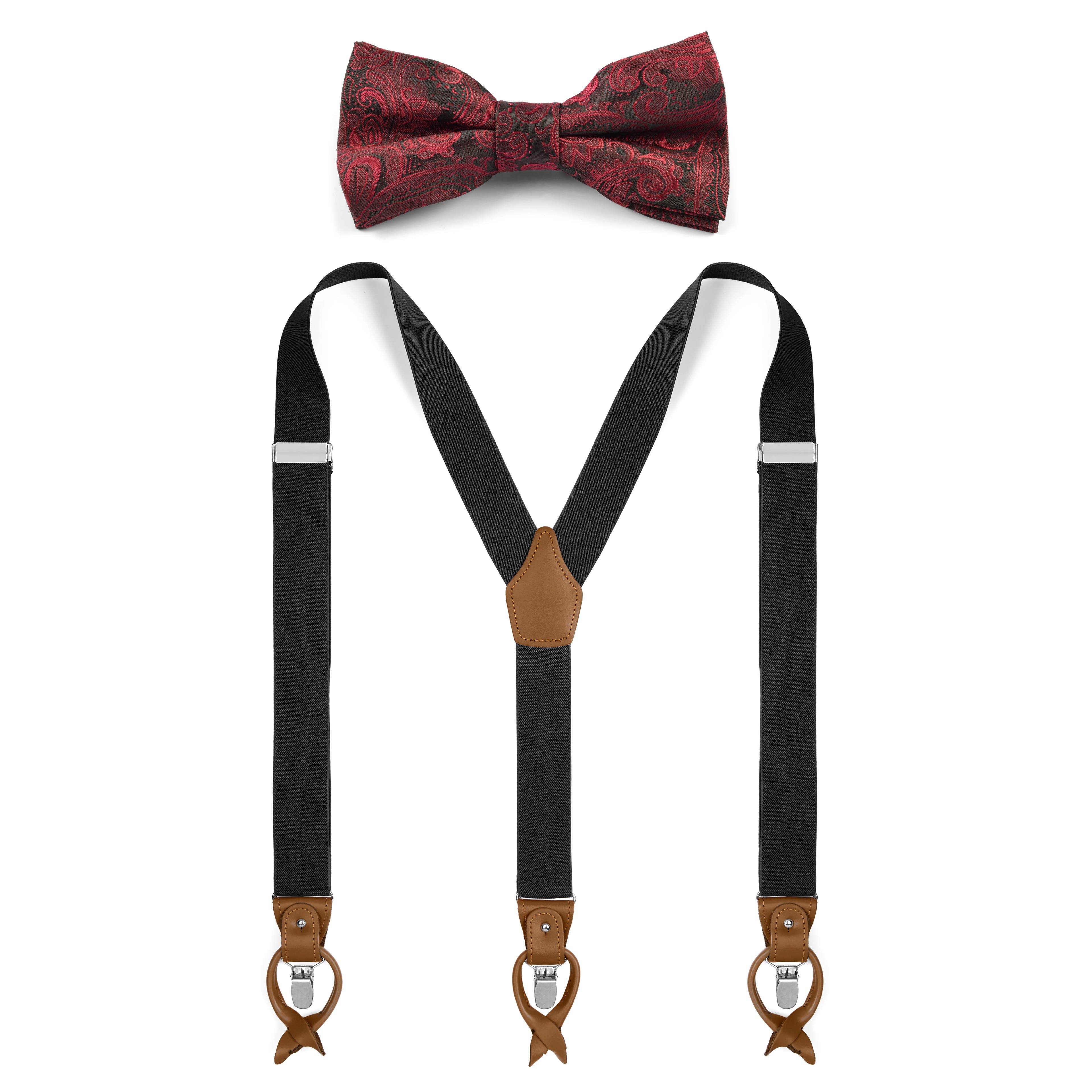 Pre-Tied Bordeaux Bow Tie and Black Braces Set