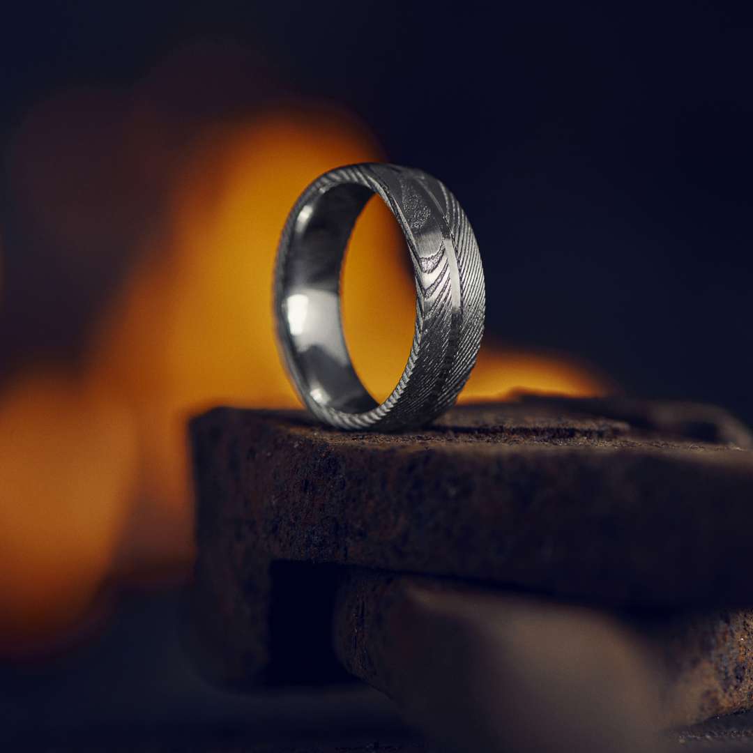 Fortis | 7 mm Grooved Silver-Tone Damascus Steel and Titanium Ring | In ...