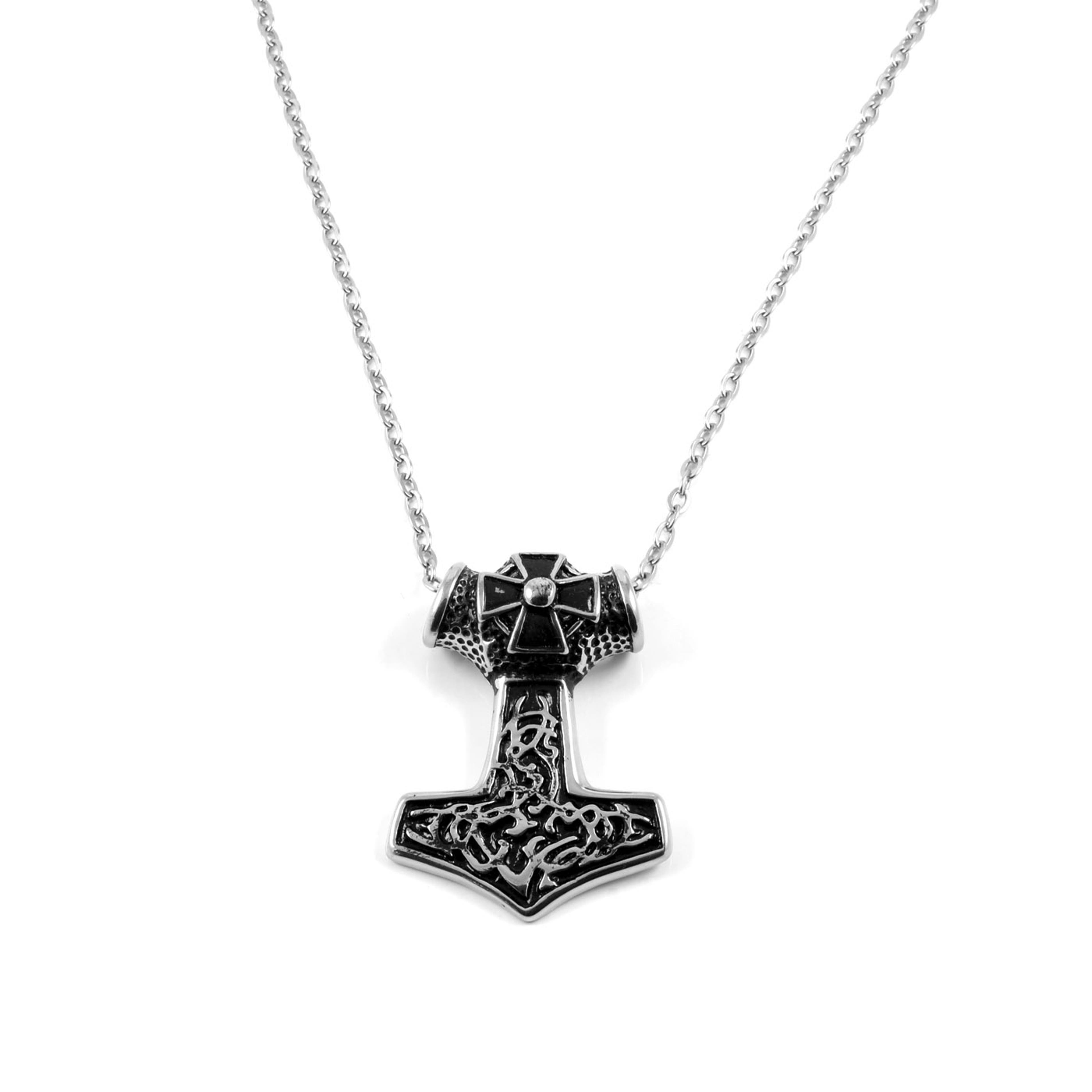 Silver-Tone Stainless Steel XL Thor's Hammer & Cross Cable Chain Necklace