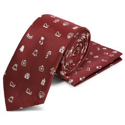 Viininpunainen jouluaiheinen solmio ja taskuliina