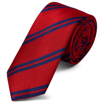 Czerwony krawat jedwabny w podwójne ciemnogranatowe paski 6 cm