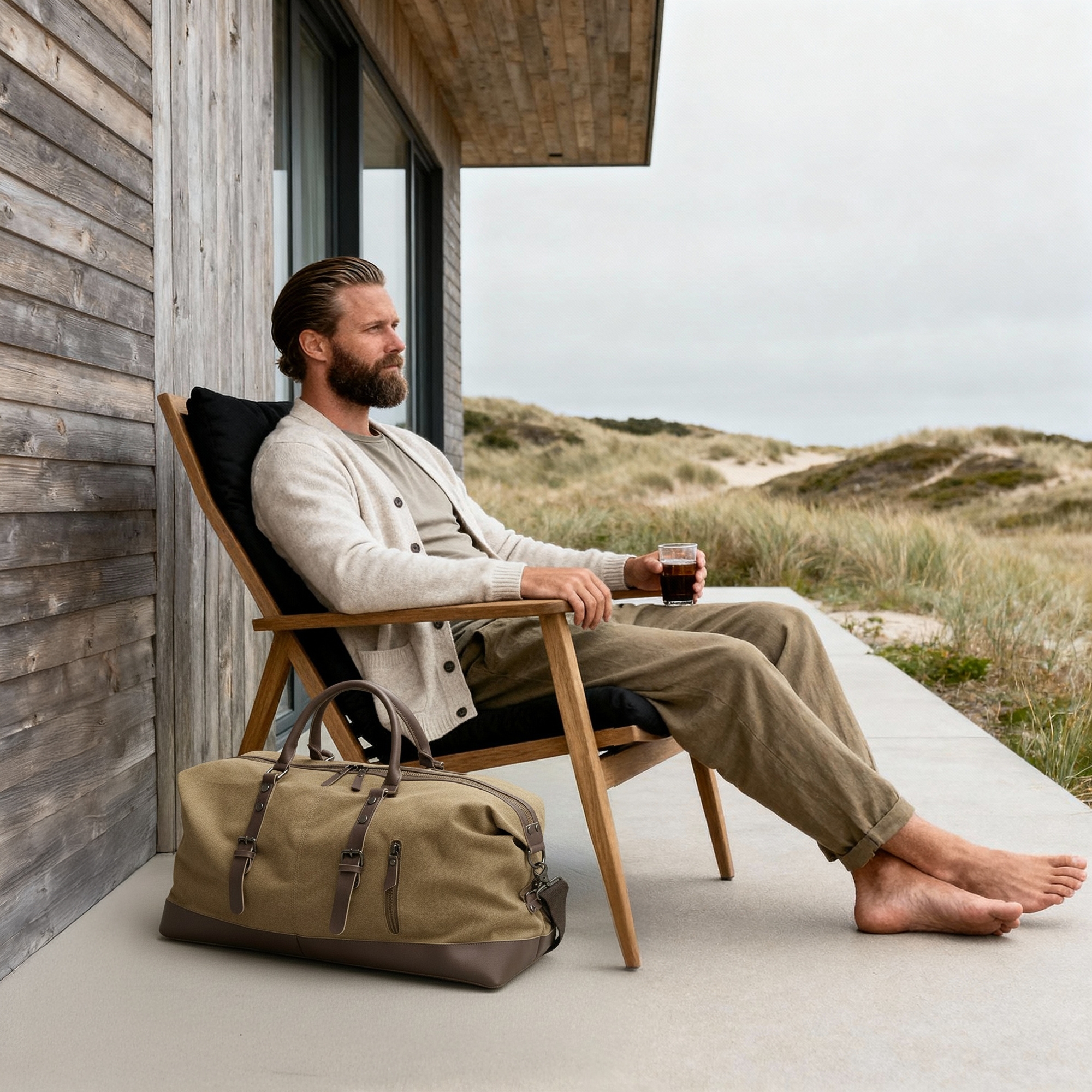 Senfgelb Canvas & Braun Leder Reisetasche - 2