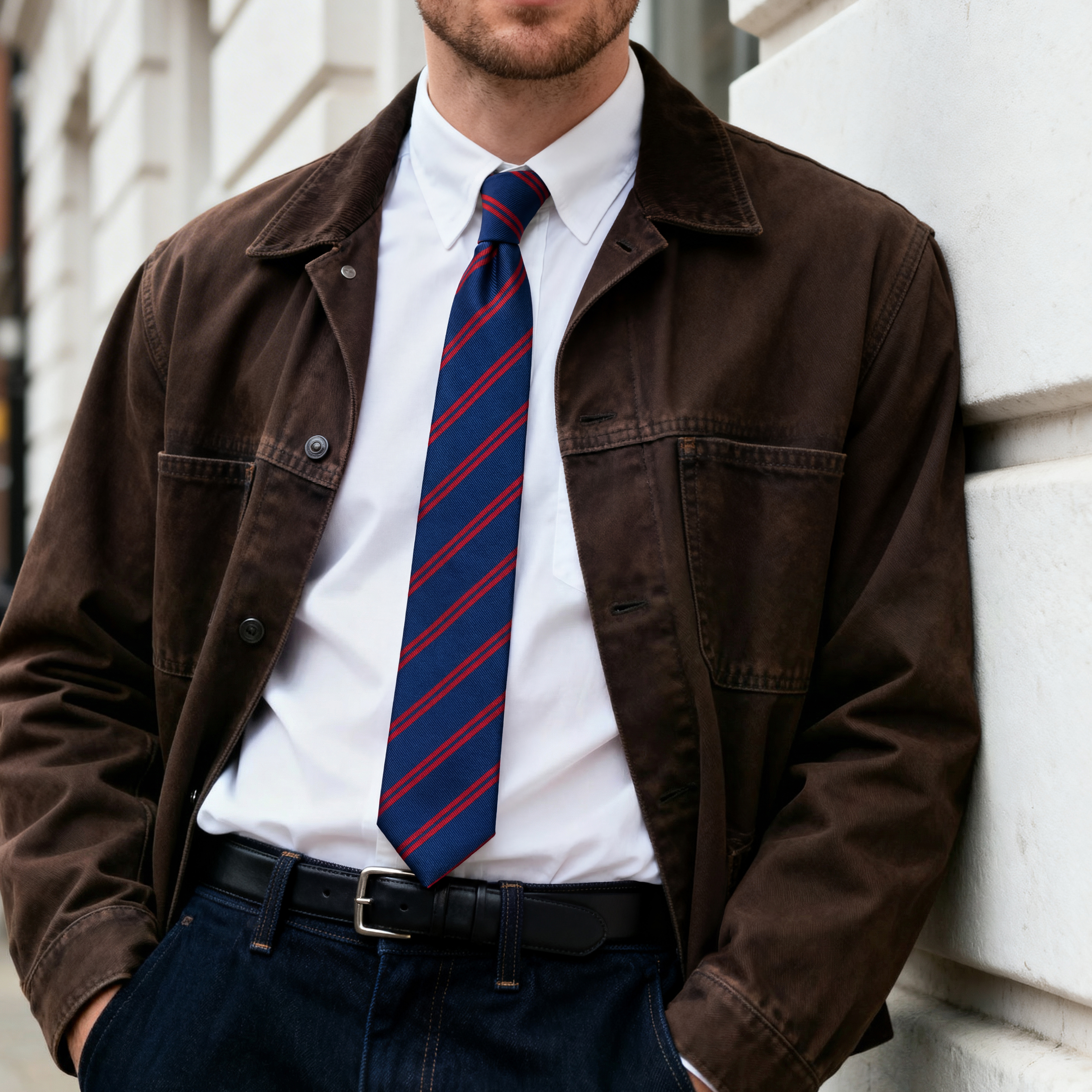 Corbata de 8 cm de seda azul marino con rayas dobles rojas - 3