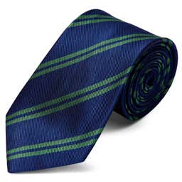 Corbata de 8 cm de seda azul marino con rayas dobles verdes