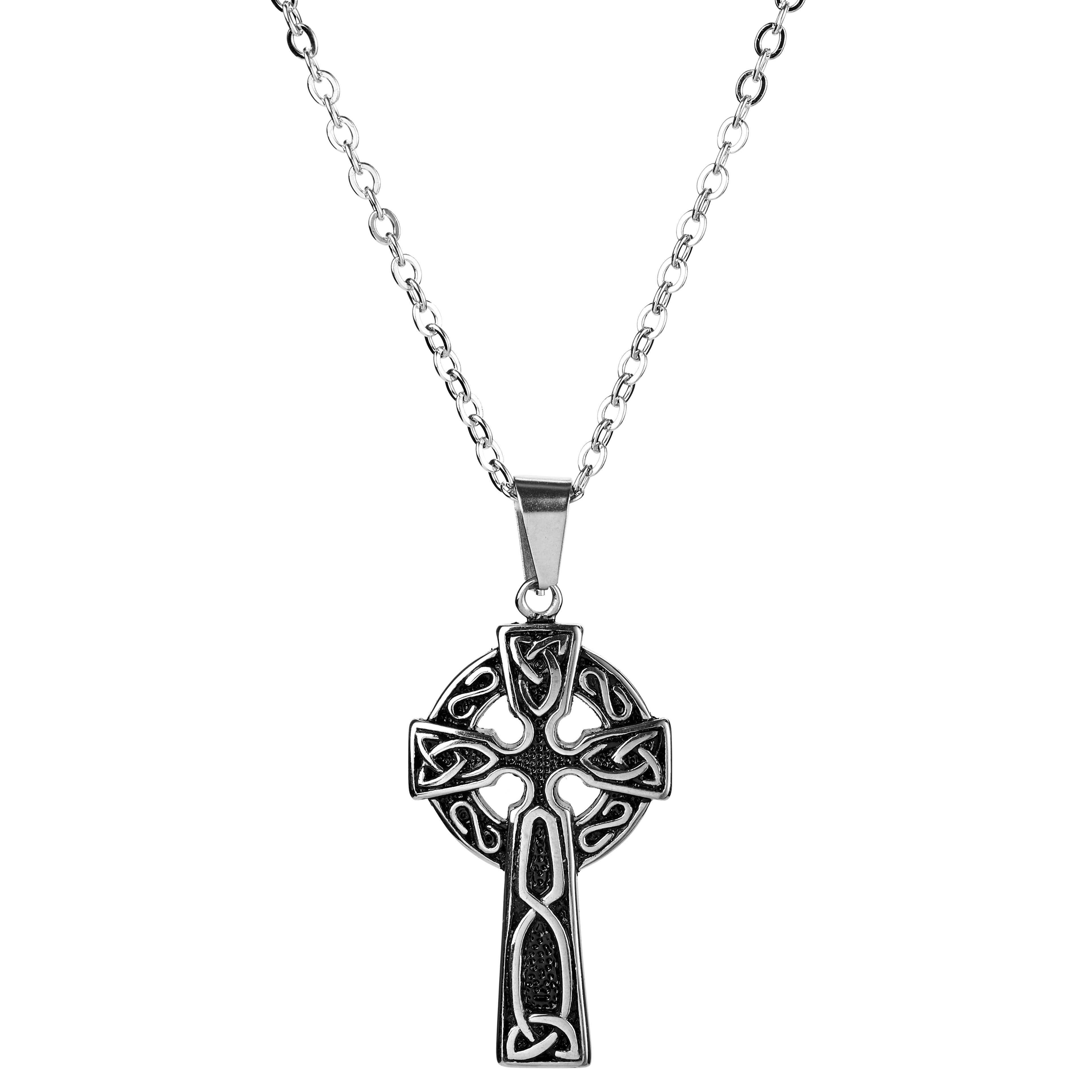 Silver-Tone Stainless Steel Celtic Cross Cable Chain Necklace
