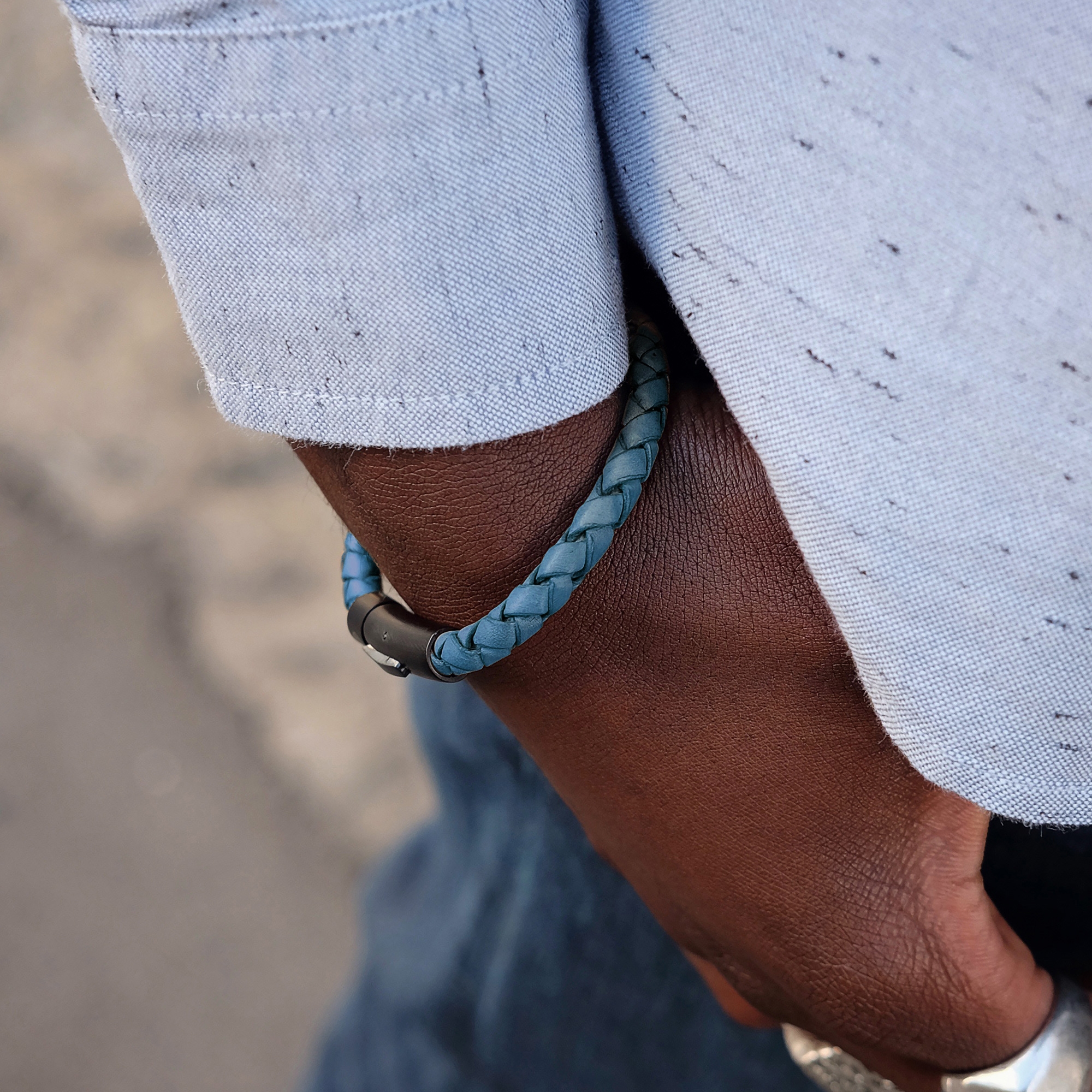 Blue & Black Leather Bracelet - 7