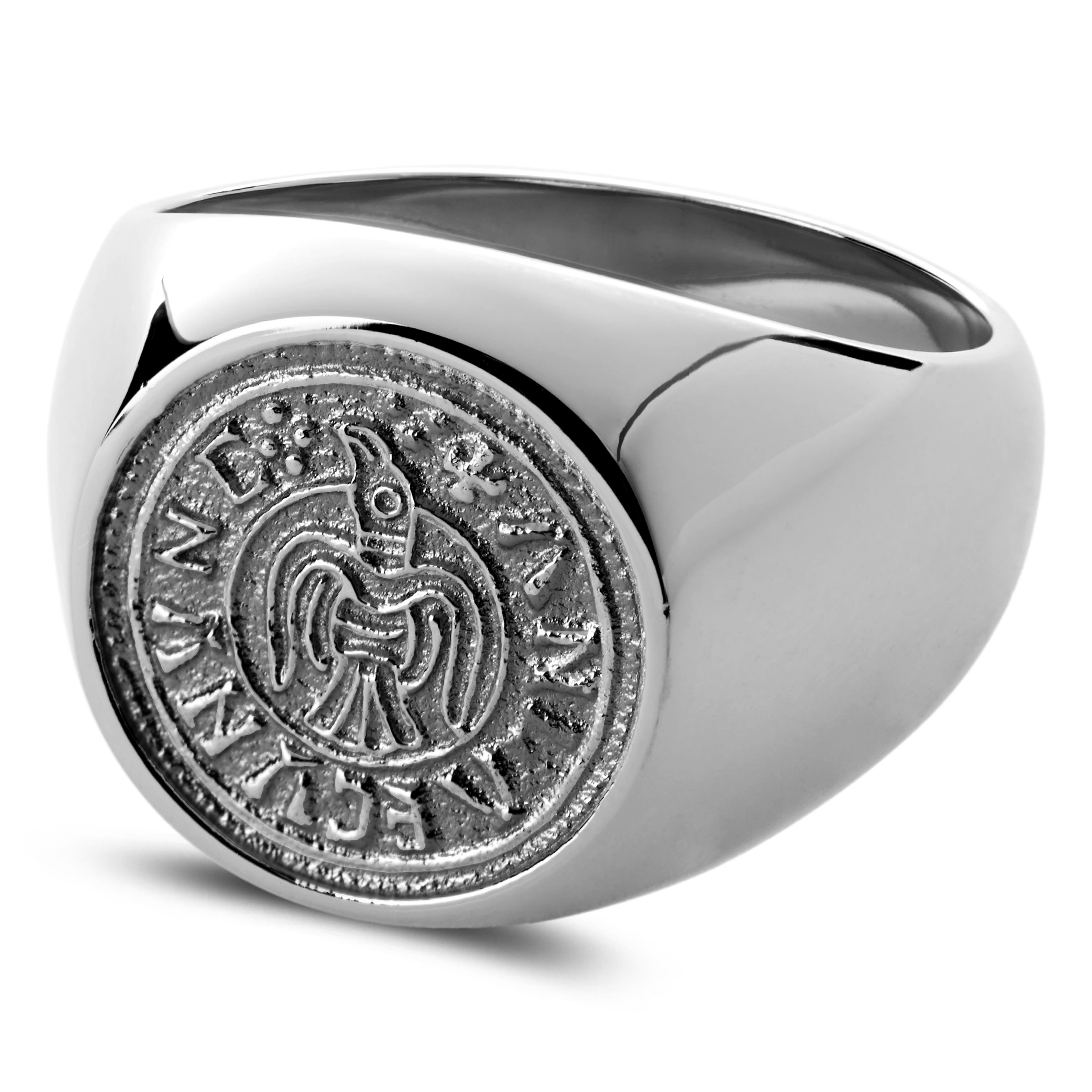 Aras | Pečetní prsten na malíček stříbrné barvy pence s havranem