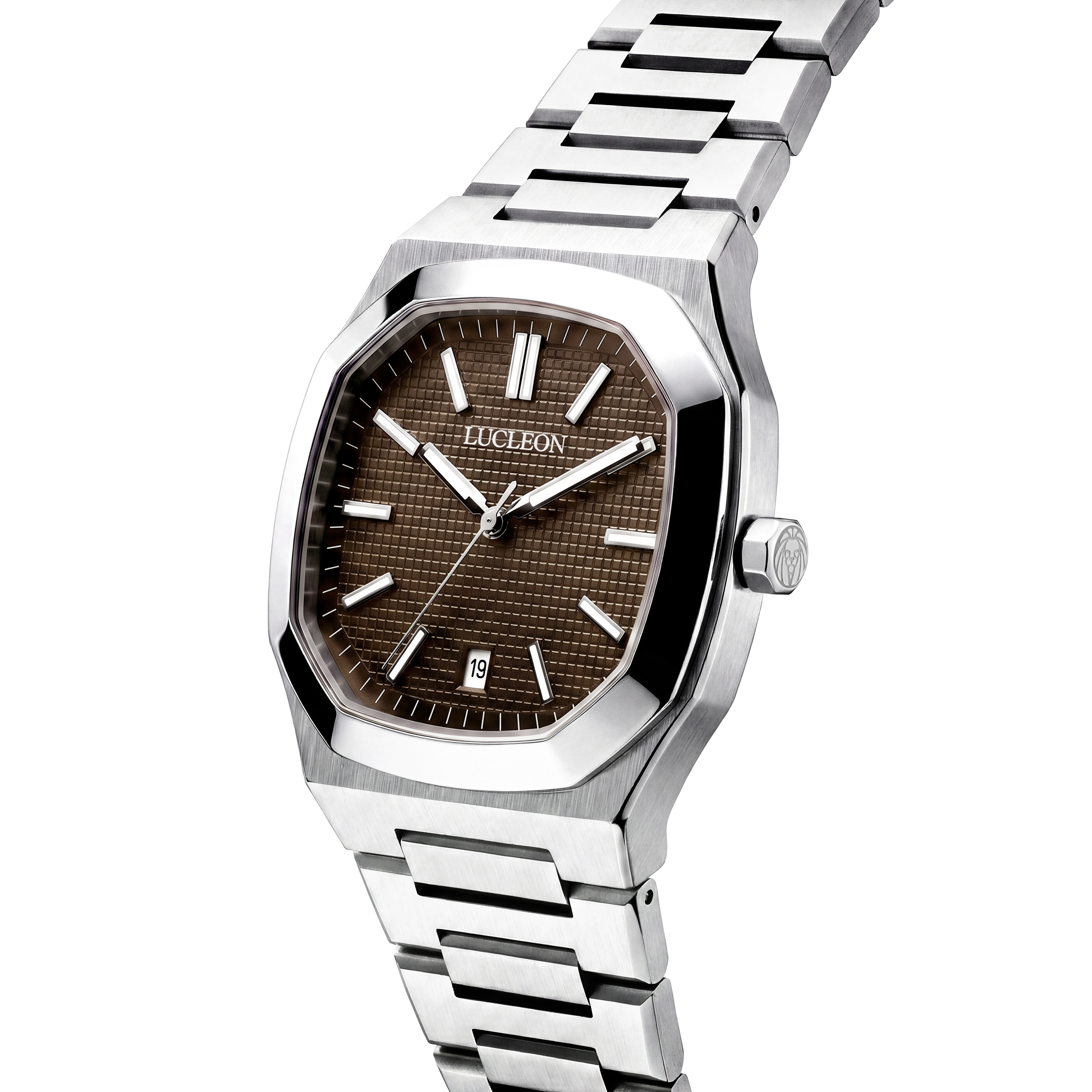 Vector | Reloj octogonal de acero inoxidable en tono plateado con esfera marrón oscuro - 4