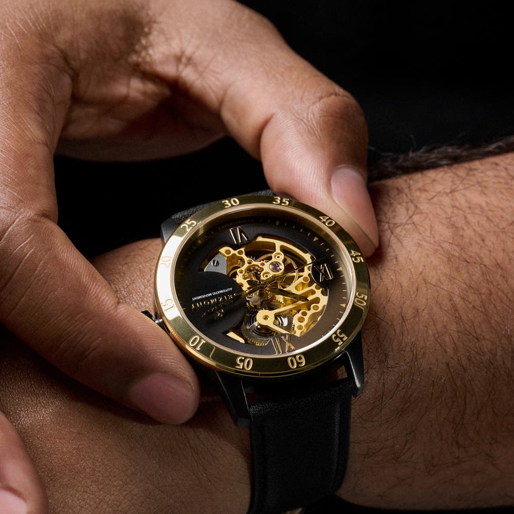 hover: Dante II | Gold-tone Skeleton Watch with Black Leather Straps hover: Dante II | Gold-tone Skeleton Watch with Black Leather Straps