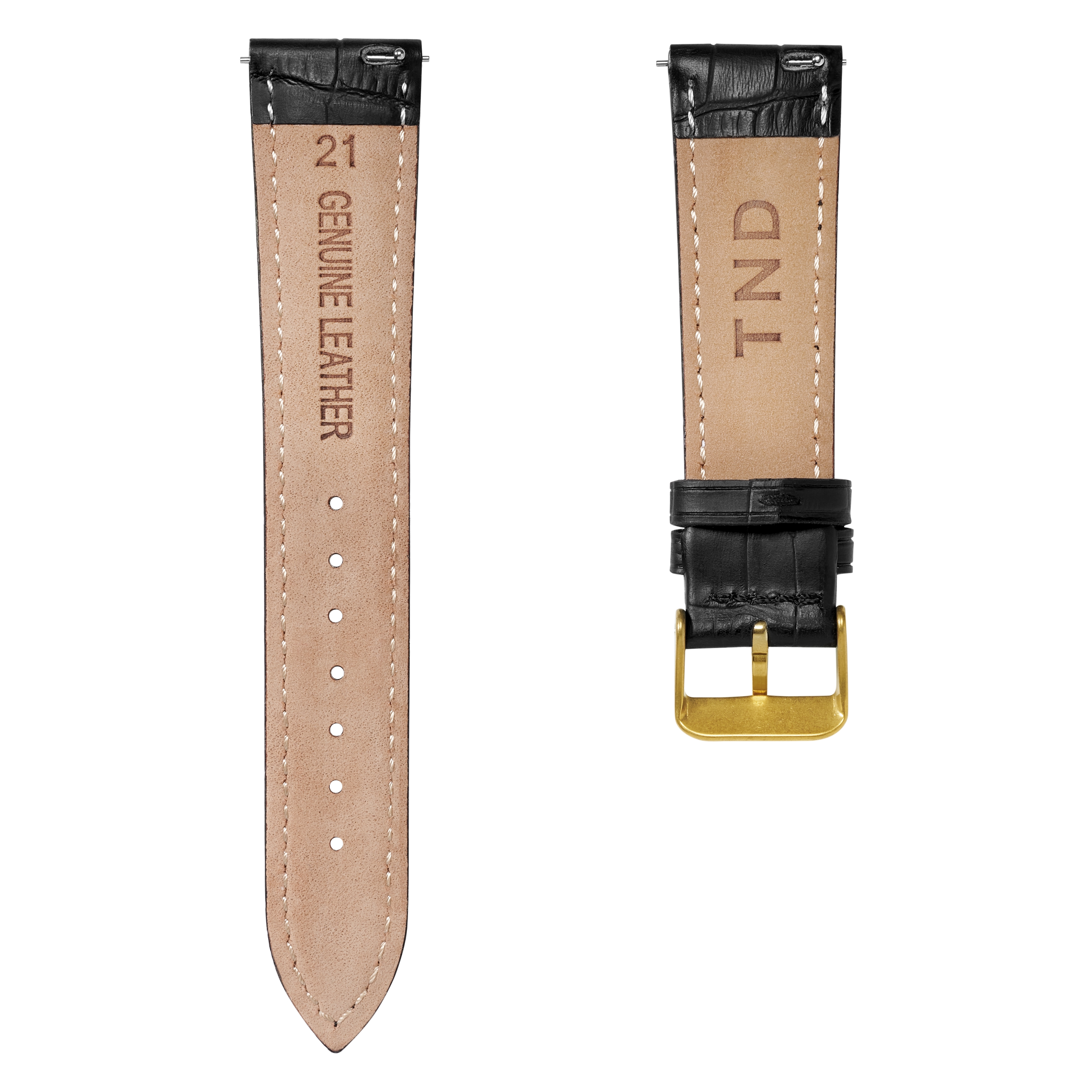 Schwarzes Krokodil-geprägtes Leder Uhrarmband & goldfarbene Schließe - 3