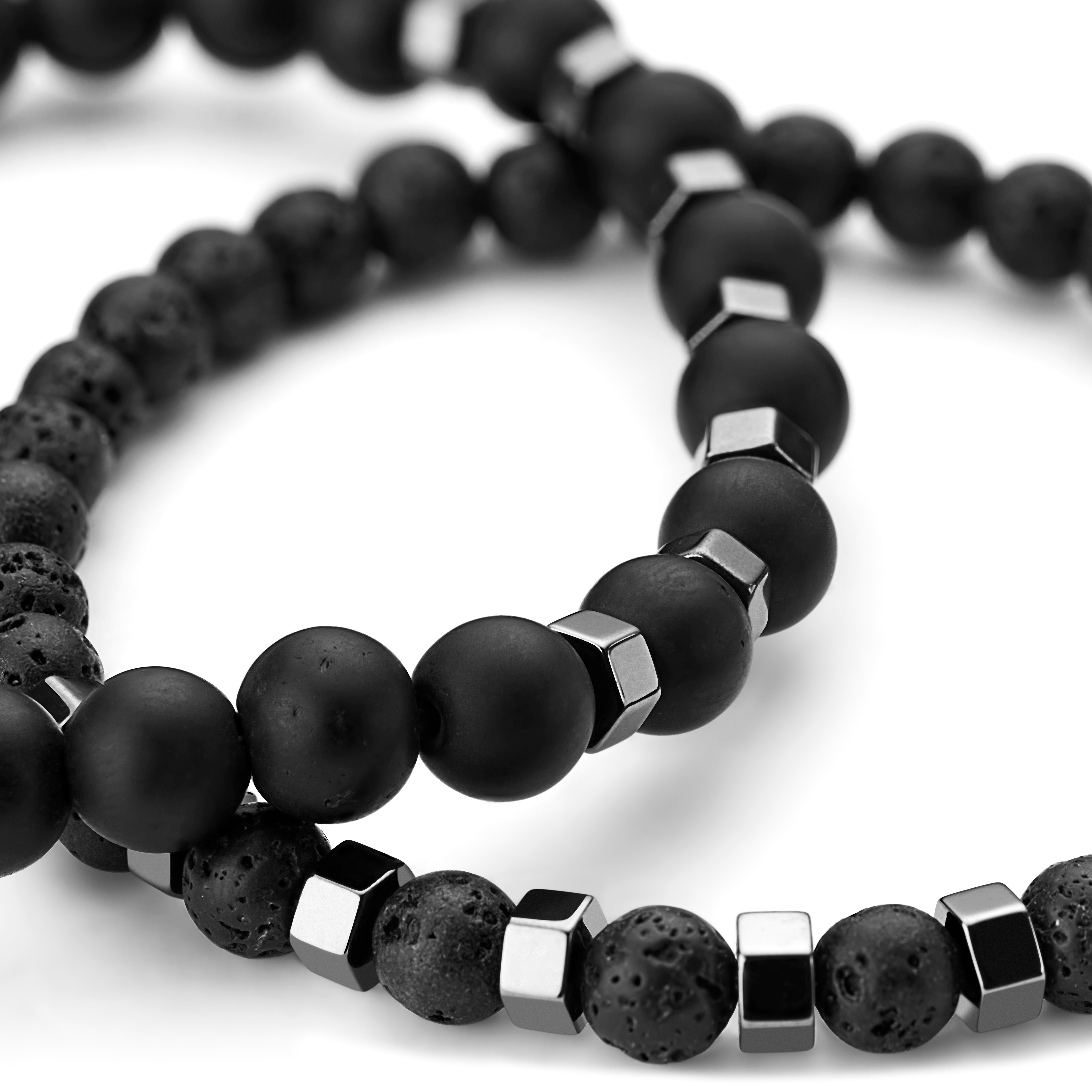 Black Onyx, Lava Rock & Hematite Bead Bracelet Set - 3