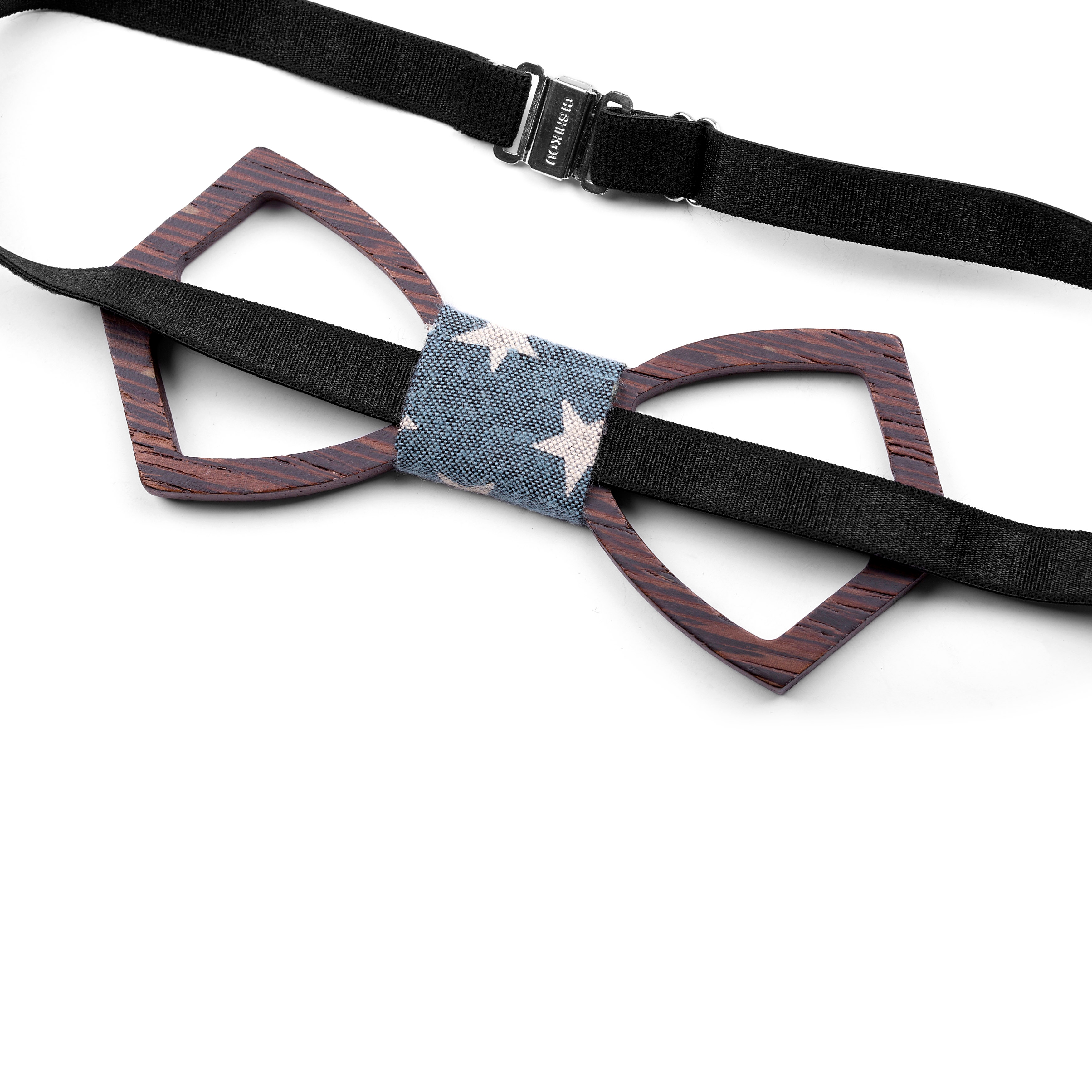California Wenge Wood Bow Tie with Sky Blue & White Stars Fabric Detail - 3